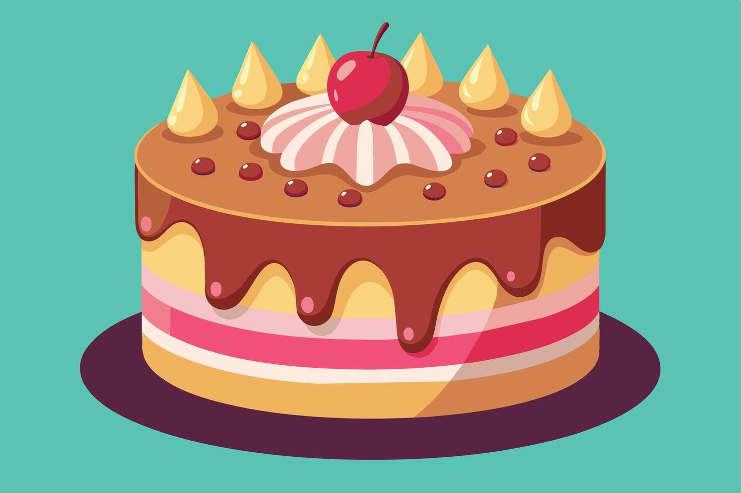 Delicious chocolate layer cake with cherry topping and cream decoration on a teal background vector