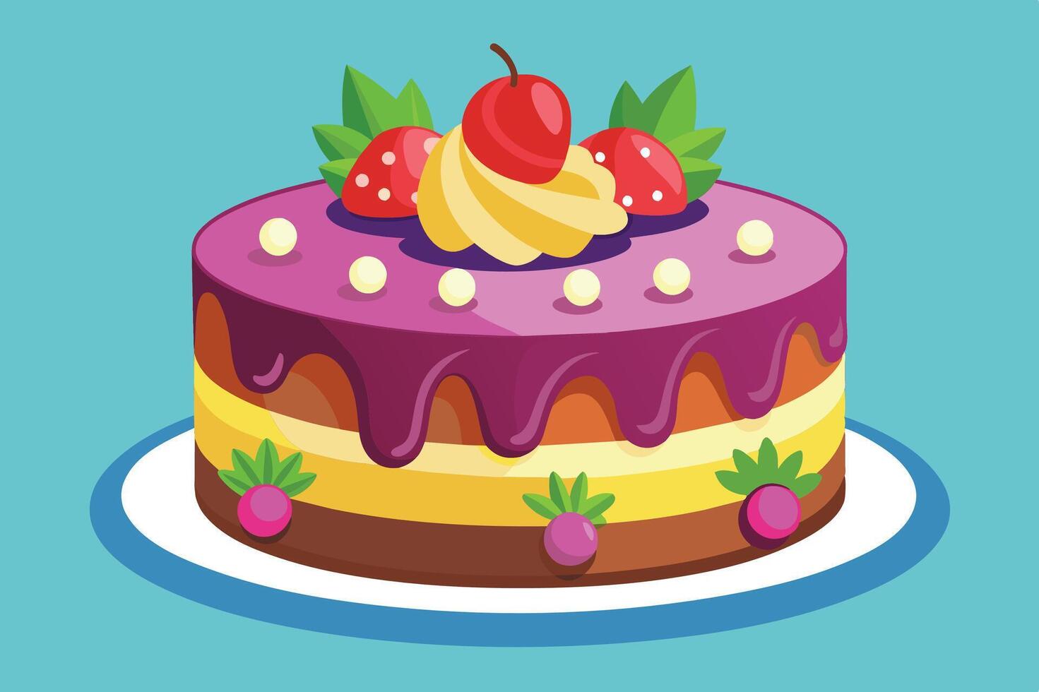 Colorful layered cake with cherries and cream on a blue background ready for a celebration or dessert occasion vector