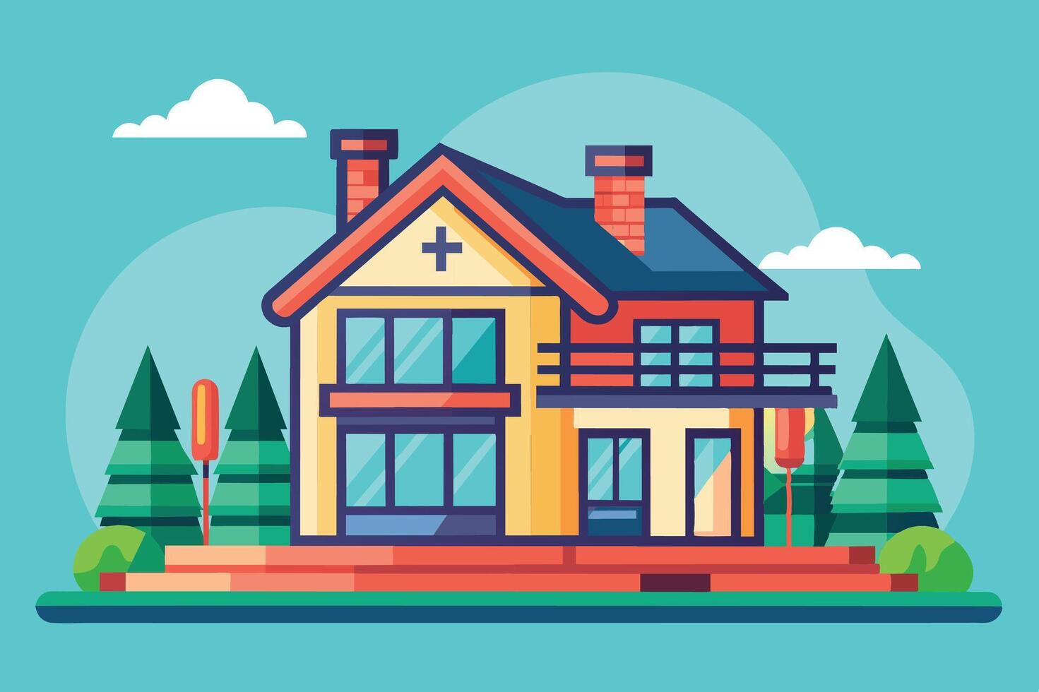 Brightly colored modern house surrounded by trees and clouds with a cheerful landscape in a sunny setting vector