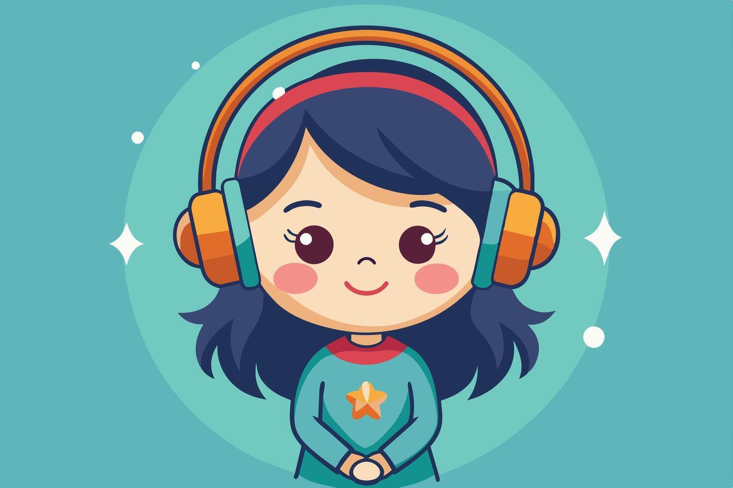 A cheerful girl wearing headphones enjoys music while smiling against a bright blue background with sparkles vector