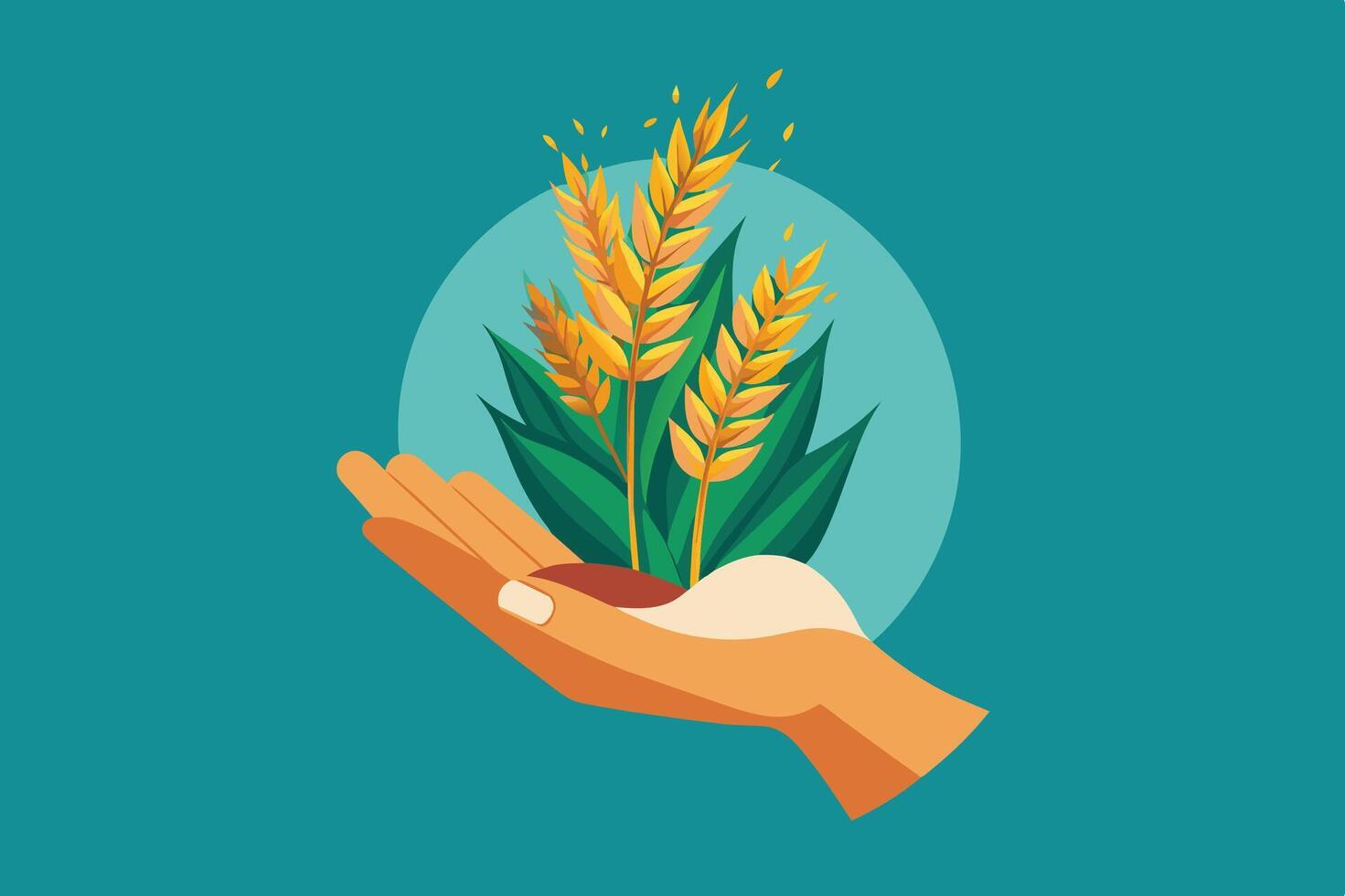 A hand nurturing golden wheat and green leaves on a vibrant turquoise background, symbolizing agriculture and sustainability in nature vector