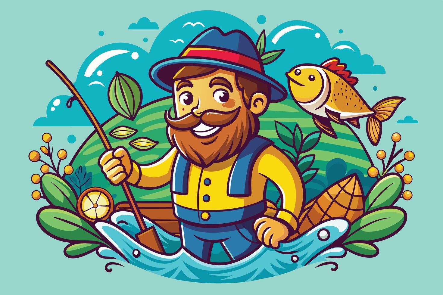 A cheerful fisherman with a mustache poses proudly by the river, surrounded by lush greenery and a leaping fish during a sunny day vector