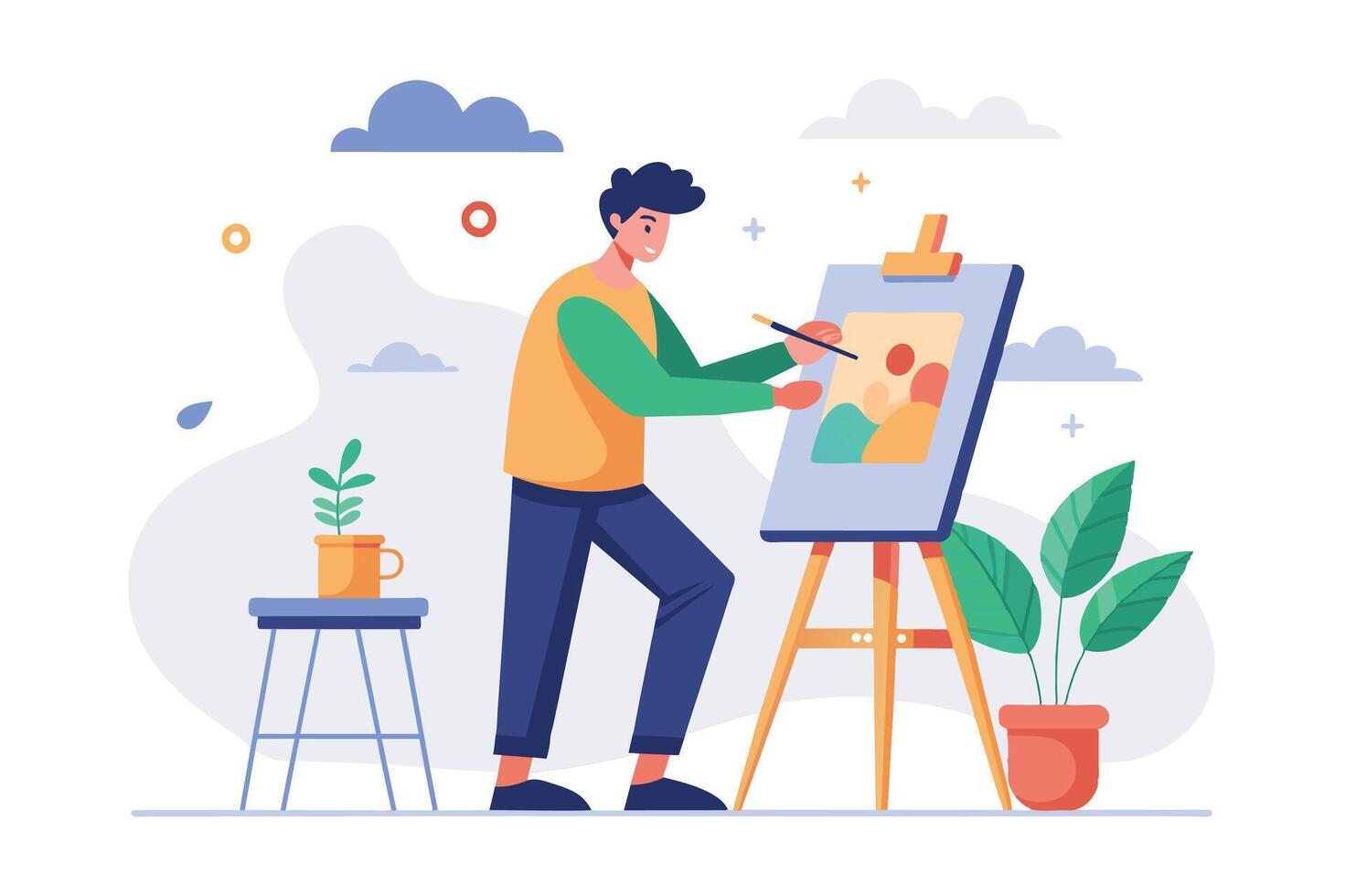 A young artist painting a portrait on an easel in a bright indoor studio with plants and a coffee cup nearby, showcasing creativity and inspiration vector