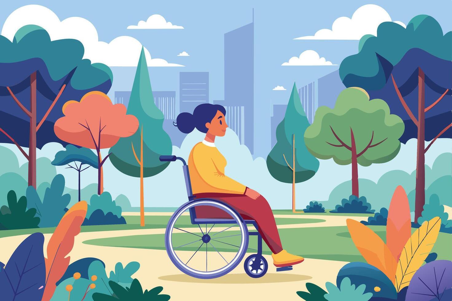 A young woman in a wheelchair enjoys a stroll in a vibrant park surrounded by lush greenery and city skyscrapers on a sunny day vector