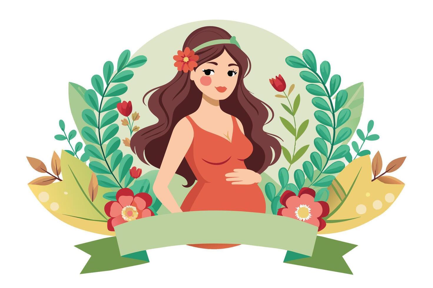 A joyful pregnant woman in a floral setting surrounded by greenery, showcasing the beauty of motherhood and nature vector