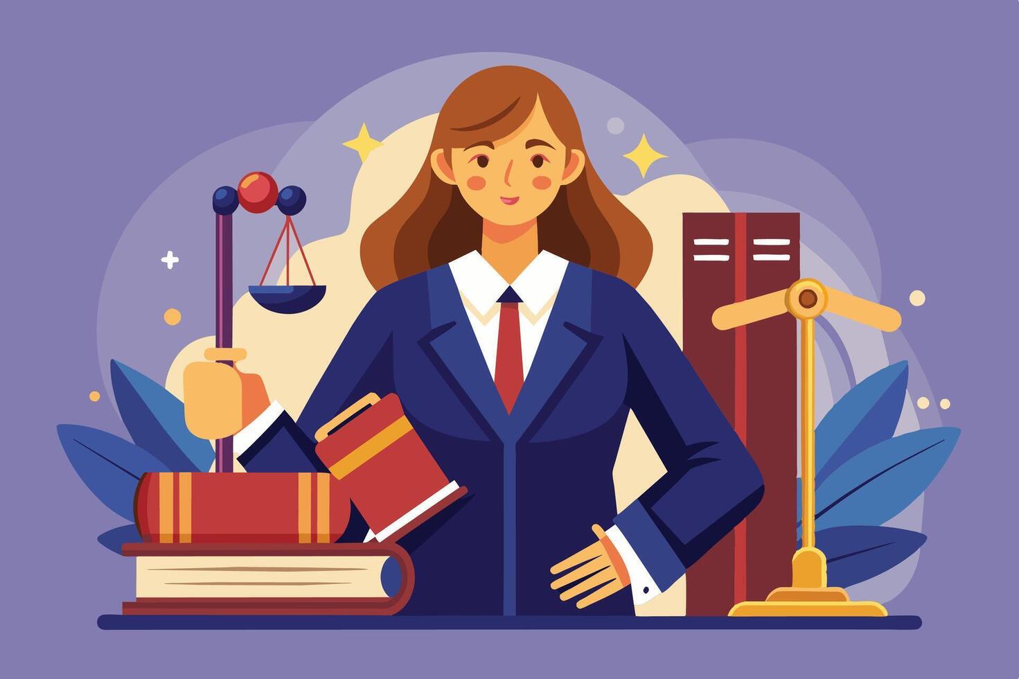 A confident woman in a suit stands in a legal setting surrounded by law books, scales of justice, and a gavel, representing her profession vector