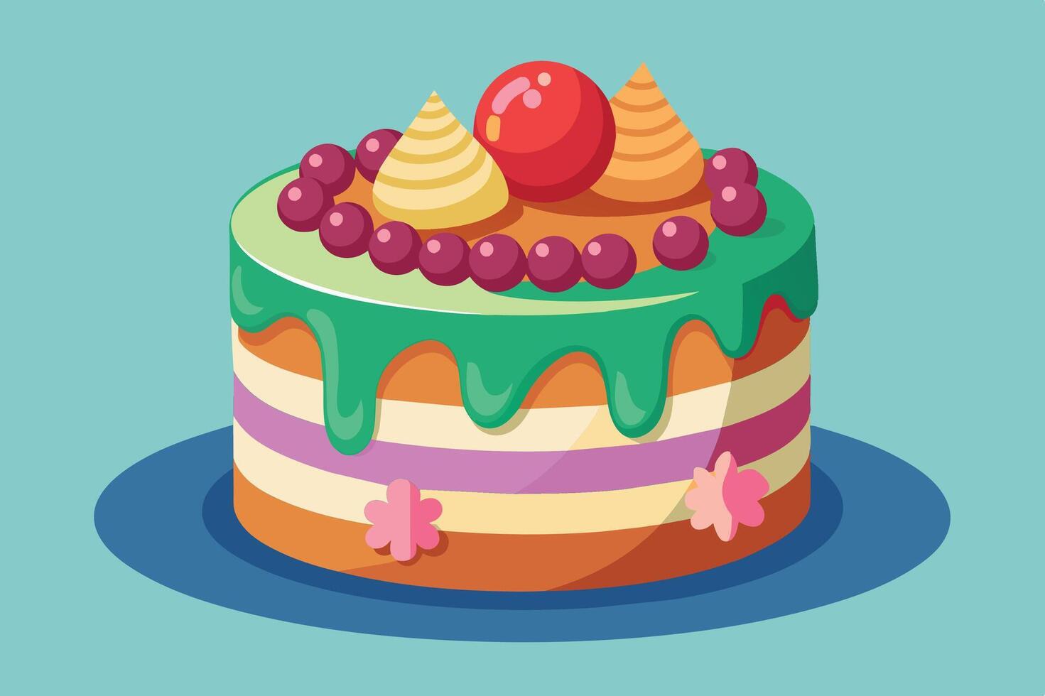 Colorful layered cake with icing and decorative toppings on a blue background vector