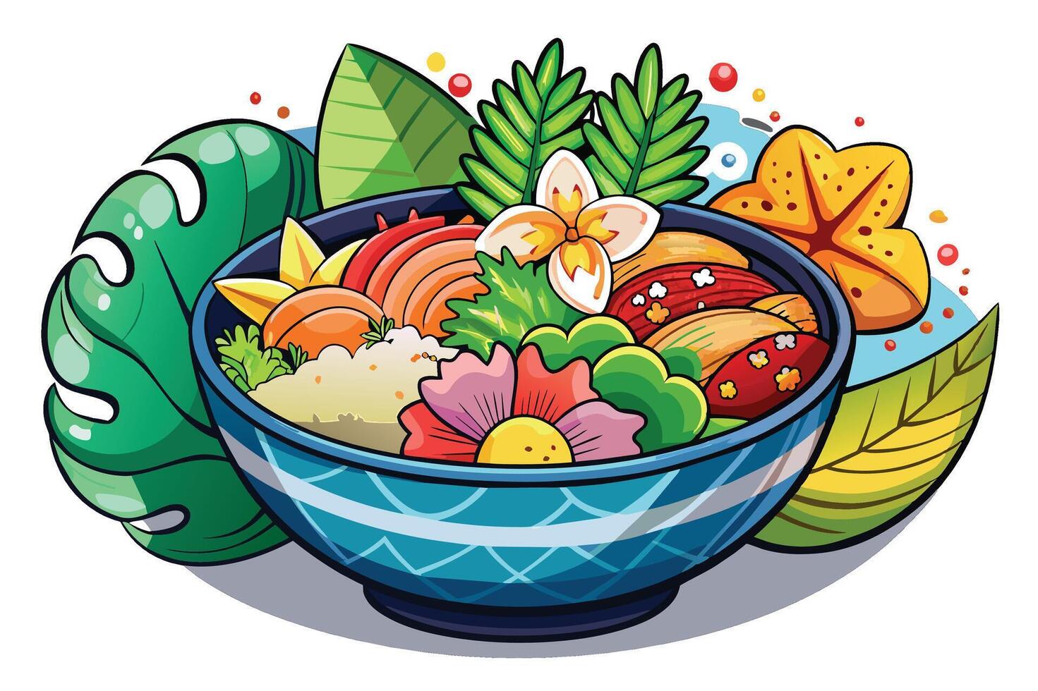 A colorful bowl filled with fresh tropical fruits and vibrant leaves on a sunny day vector
