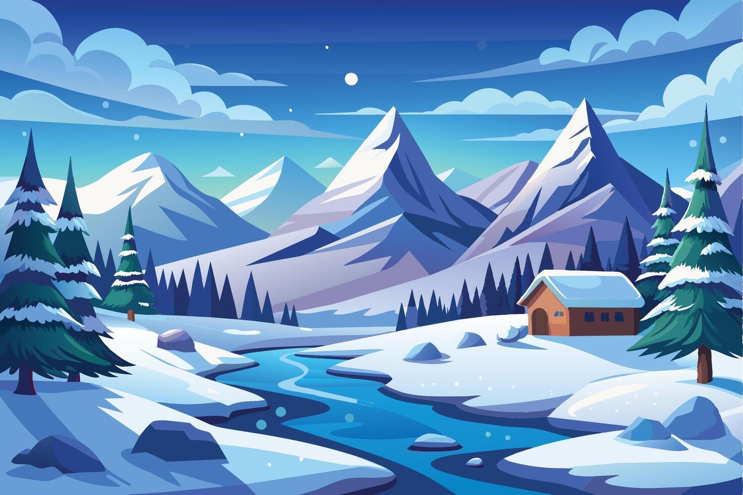 Winter landscape with snow-covered mountains, a tranquil river, and a cozy cabin under a night sky with stars in a serene setting vector