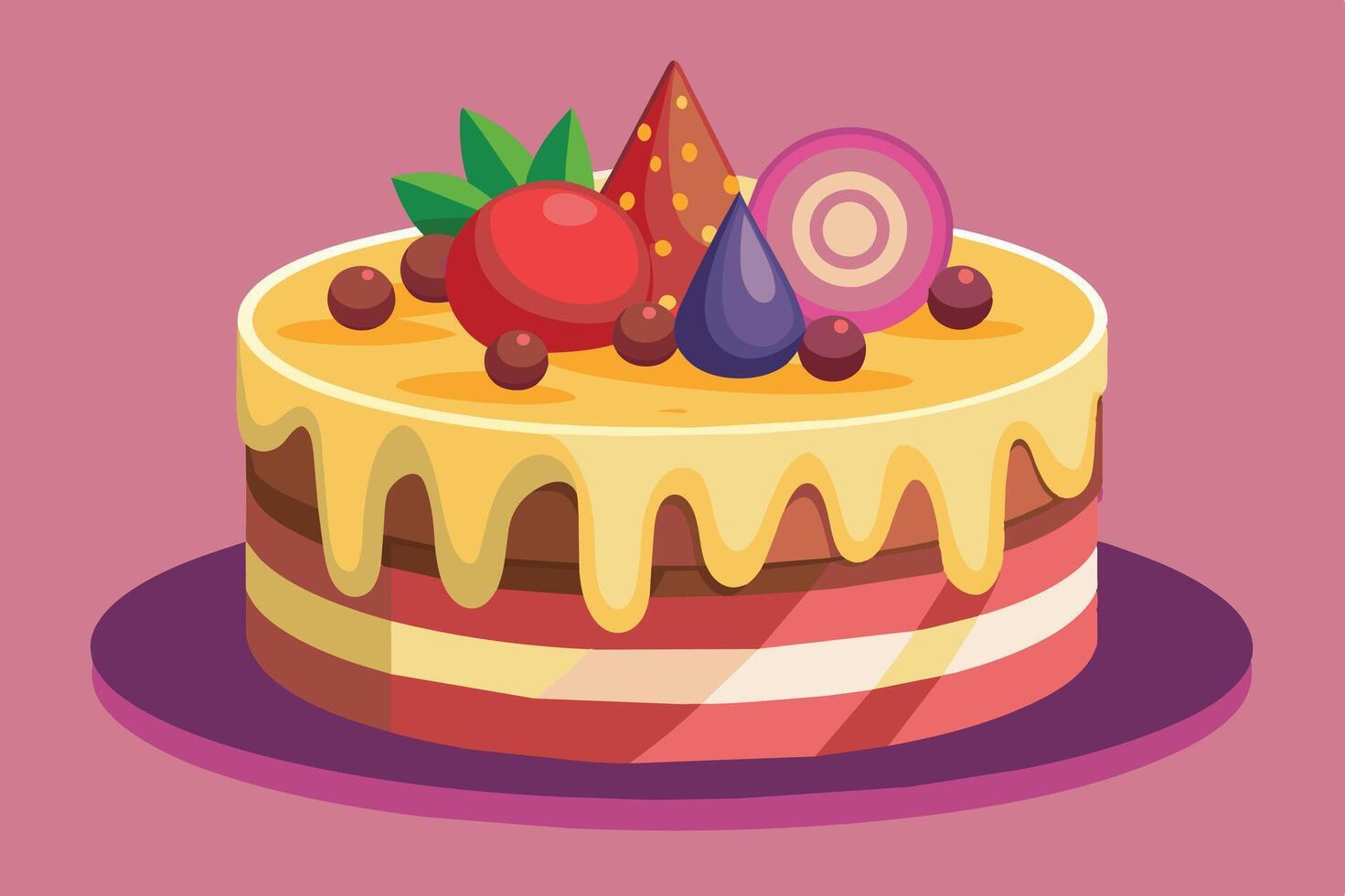 A beautifully decorated cake with colorful toppings set against a simple pink background, perfect for celebrations or special occasions vector