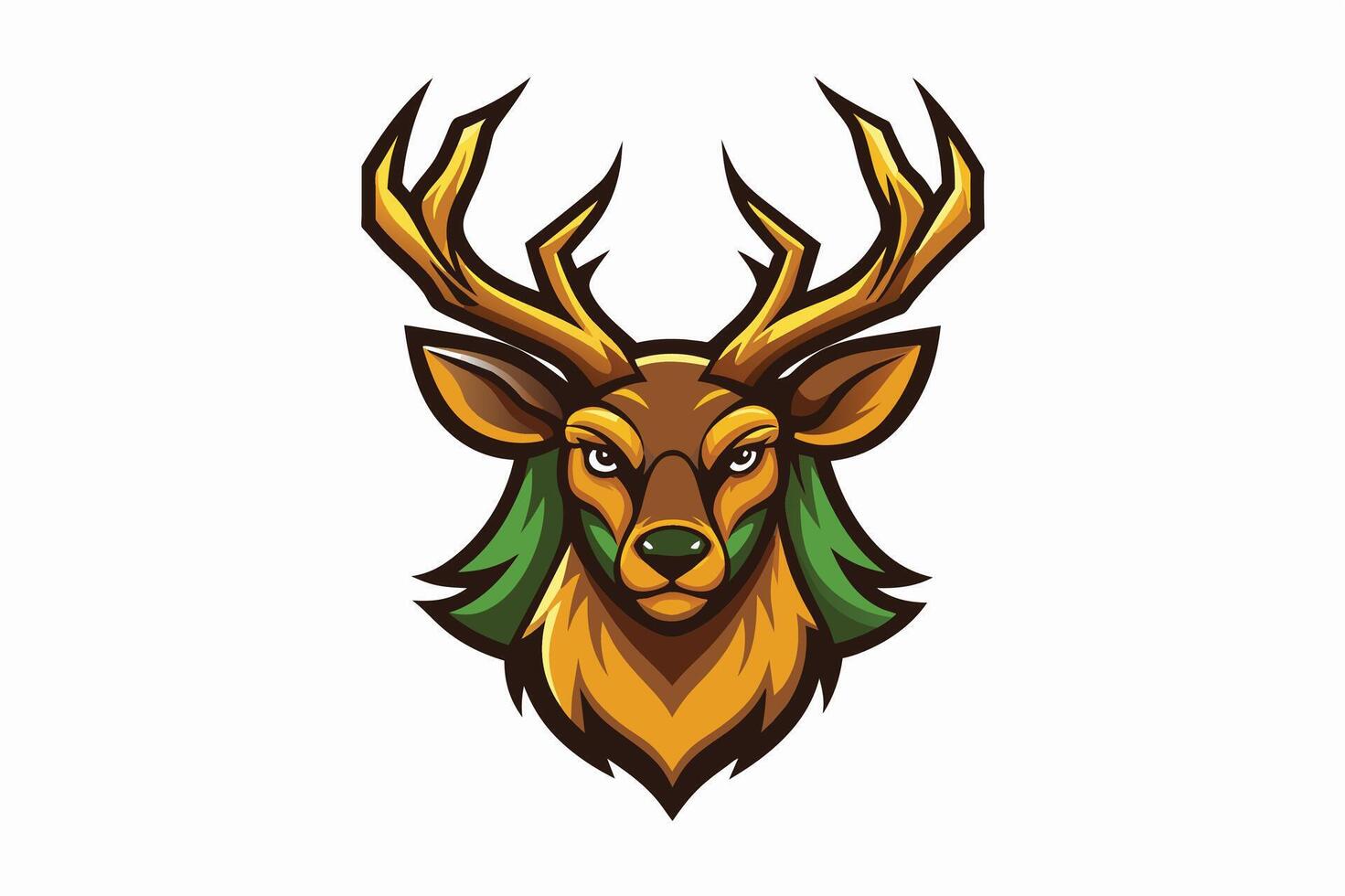 A vibrant illustration of a majestic deer head with detailed antlers, showcasing a unique design with green accents and bold colors vector