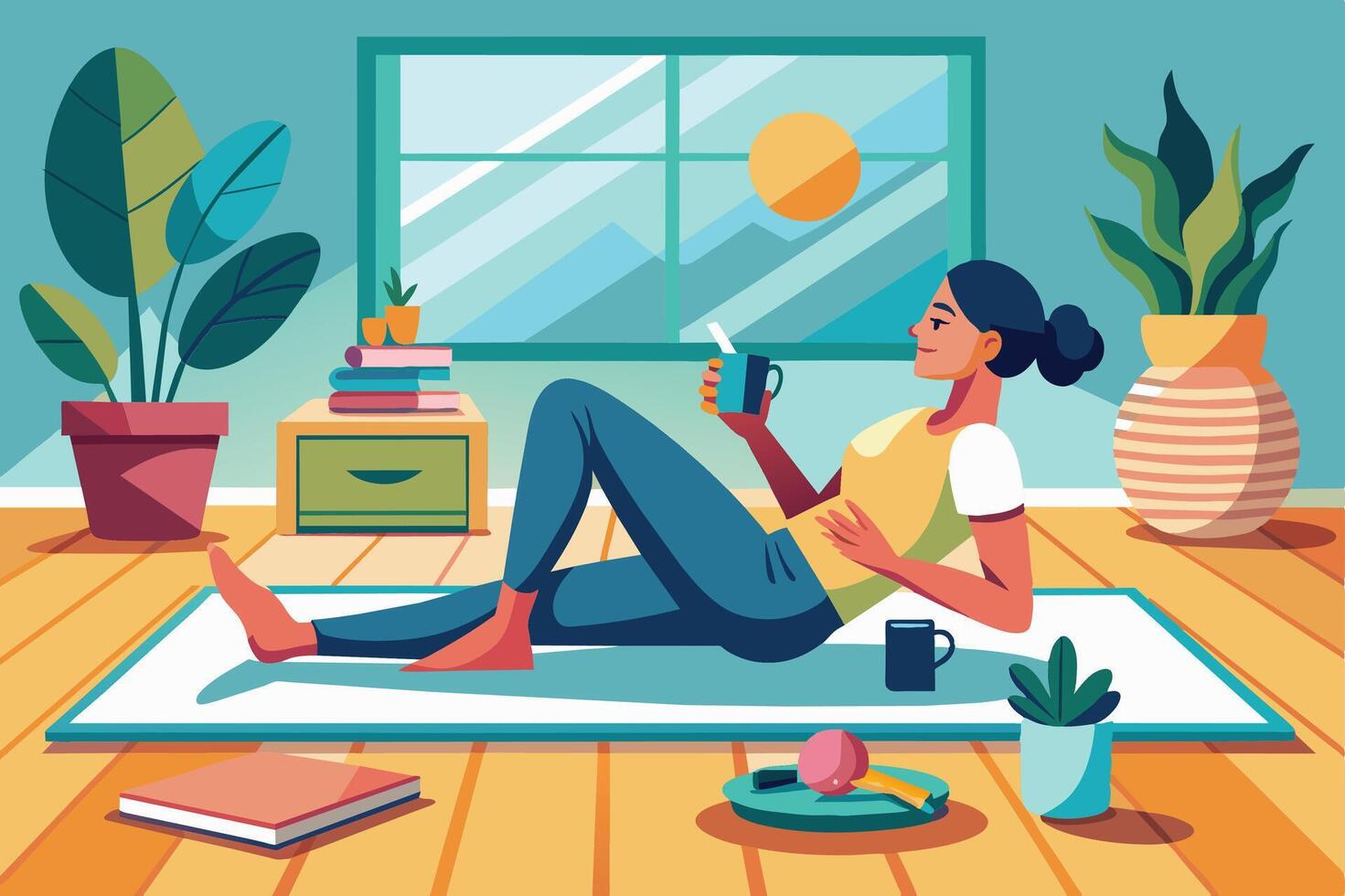 A woman relaxes at home in a cozy room with plants and sunlight while enjoying a drink in the afternoon vector