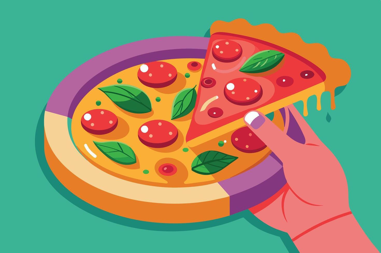 Delicious pepperoni pizza served on a vibrant plate with fresh basil leaves, enticingly pulled apart on a sunny day vector