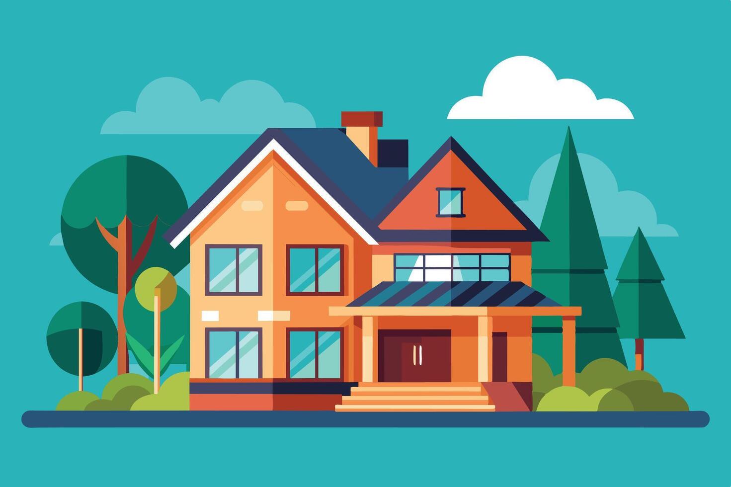 A colorful modern home with large windows surrounded by trees under a bright sky in a suburban neighborhood vector