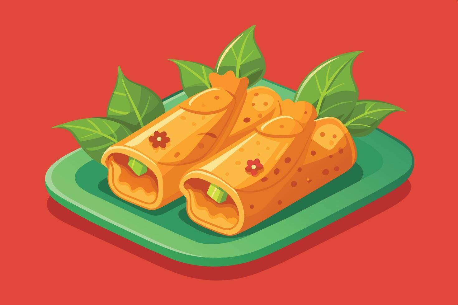 Delicious spring rolls on a green plate garnished with fresh leaves and flowers, ready to eat for a vibrant meal vector