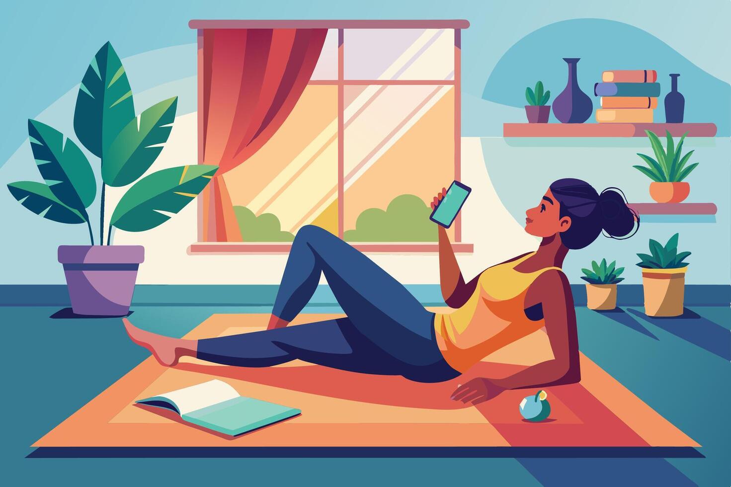 A woman relaxing on a rug at home, enjoying her phone amidst plants and natural light during a sunny afternoon vector
