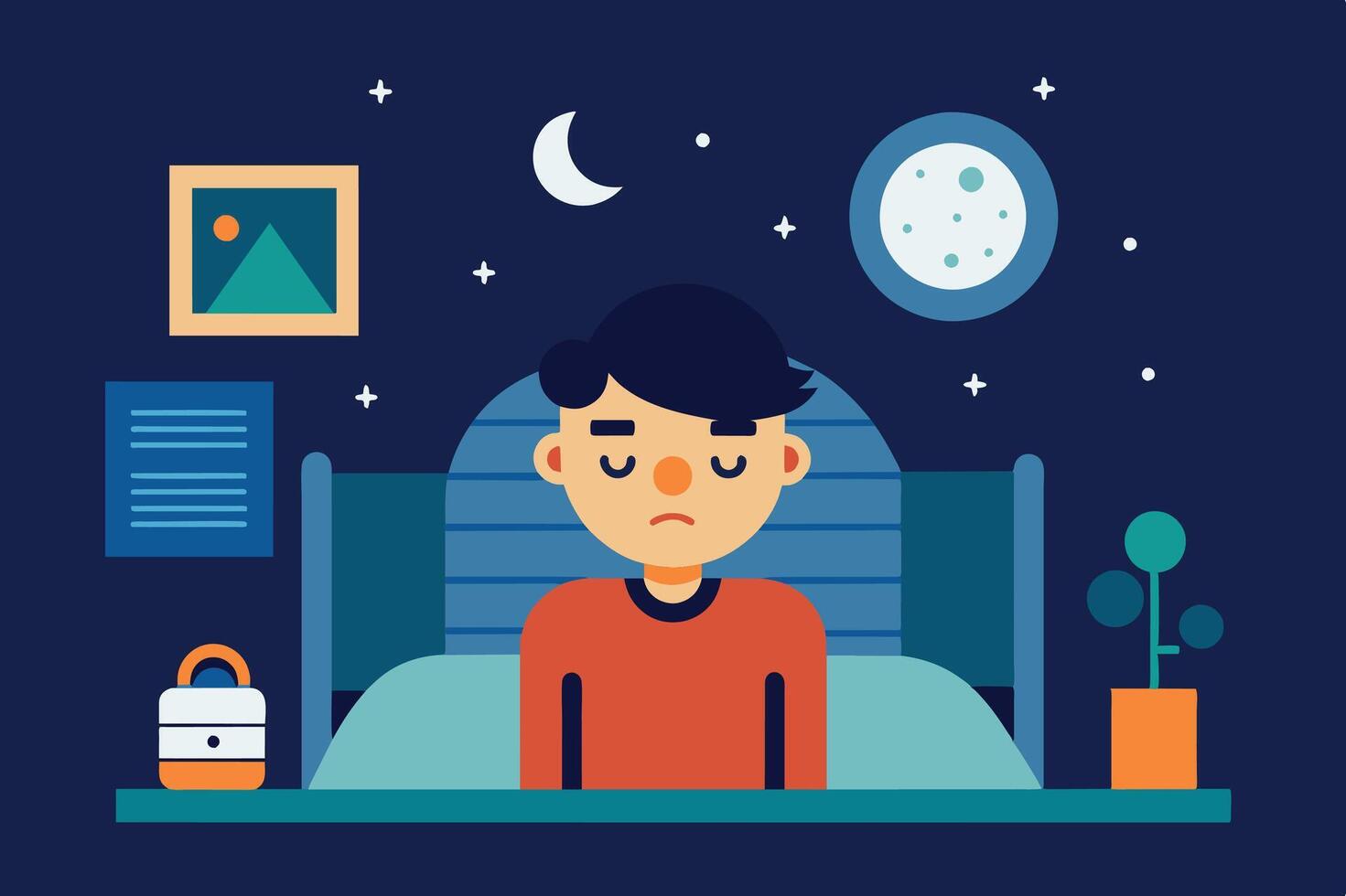 A young boy sits on his bed at night, feeling troubled under a moonlit sky and surrounded by calming elements in his cozy bedroom vector
