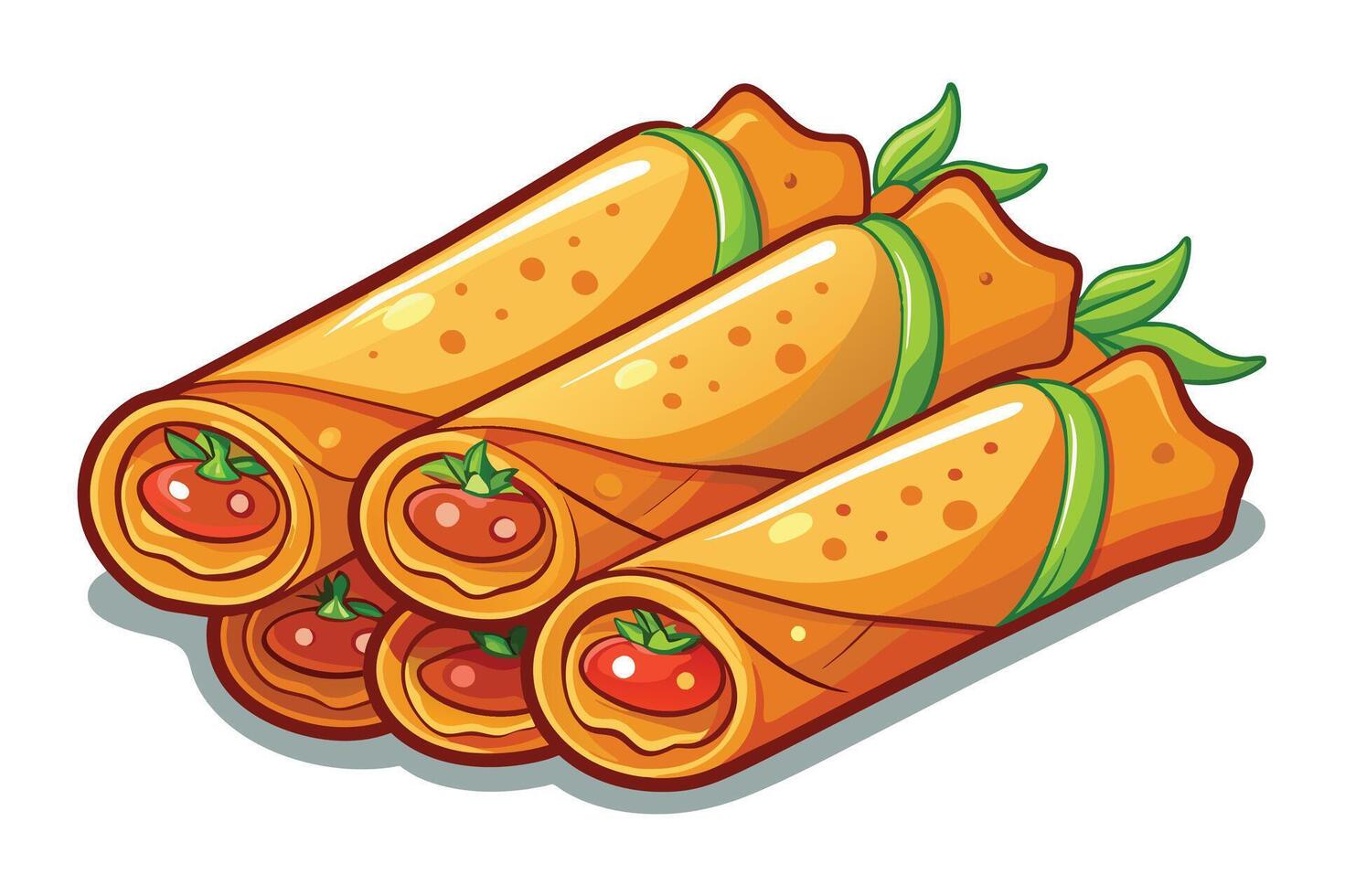 Deliciously rolled tortillas filled with savory ingredients served with a side of tomato sauce vector