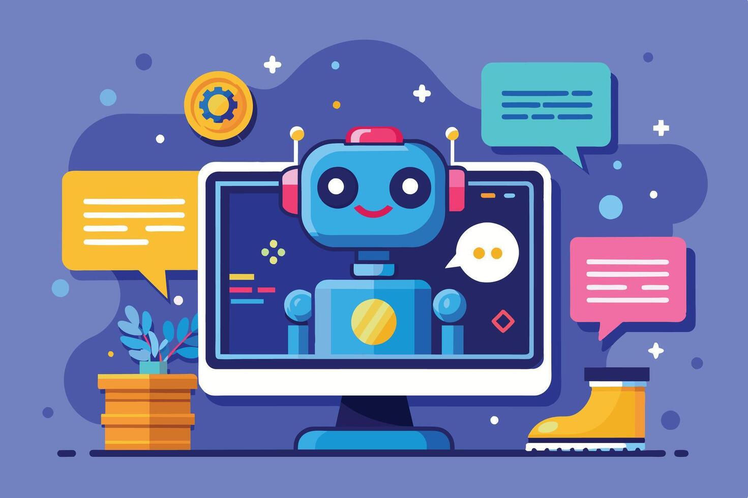 A cheerful robot character engaging in conversation on a computer screen with colorful speech bubbles and a plant beside it vector