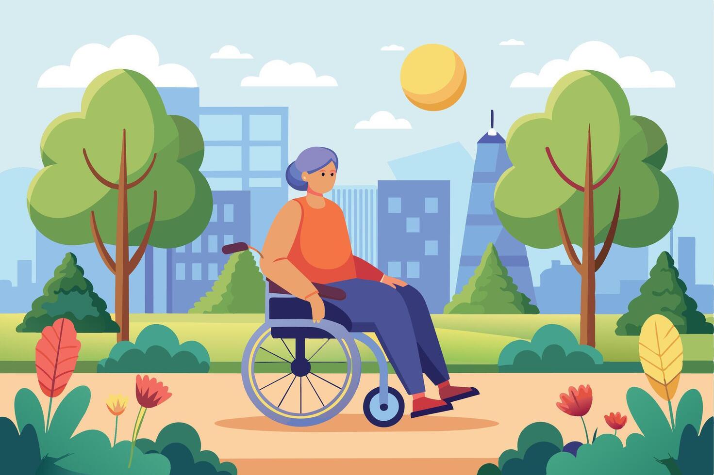 A serene afternoon in the city park featuring a person in a wheelchair enjoying the sunny landscape surrounded by greenery vector