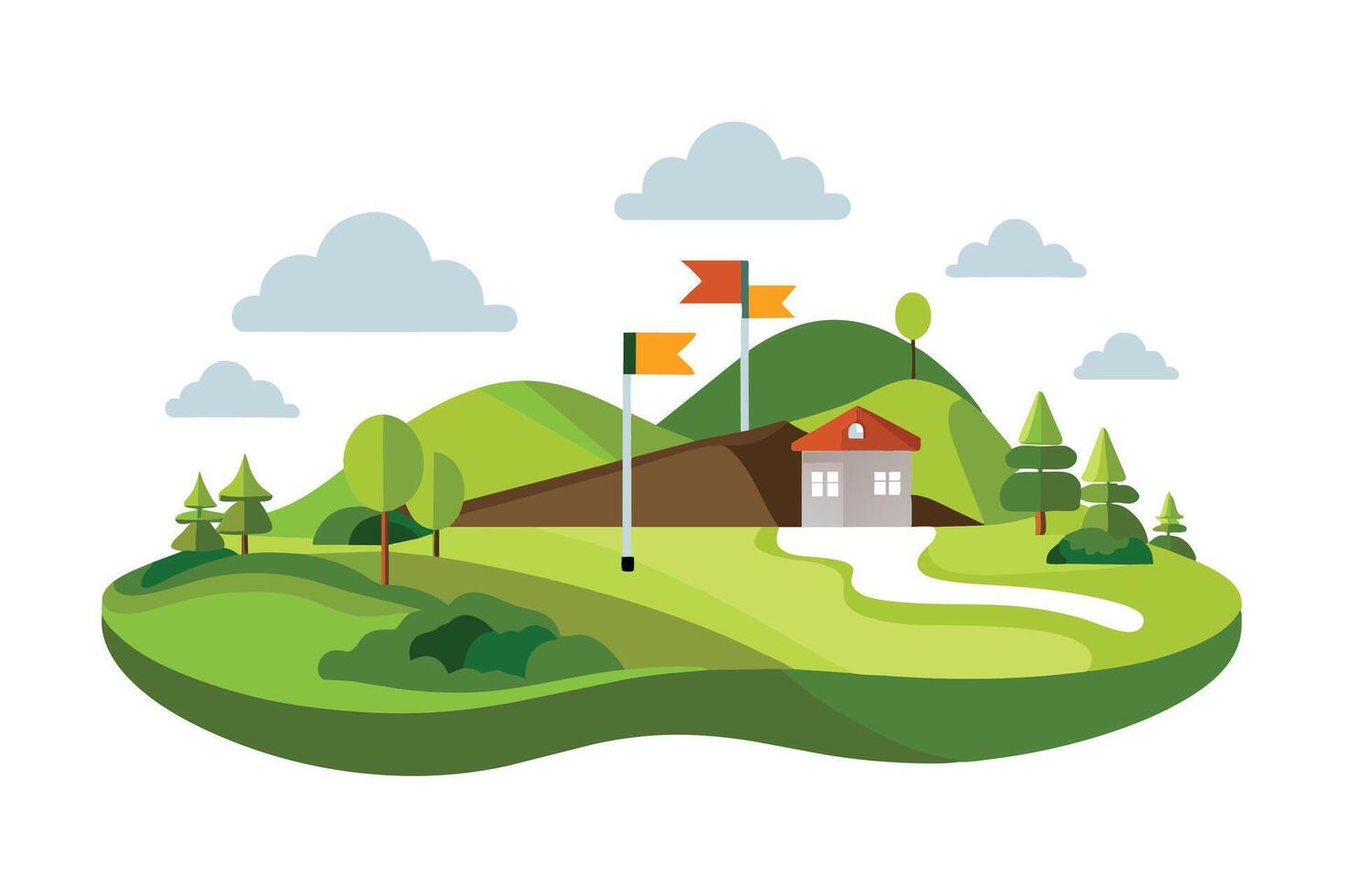 A serene landscape featuring rolling green hills, a cozy house, and colorful flags under a cloudy sky during daylight hours vector