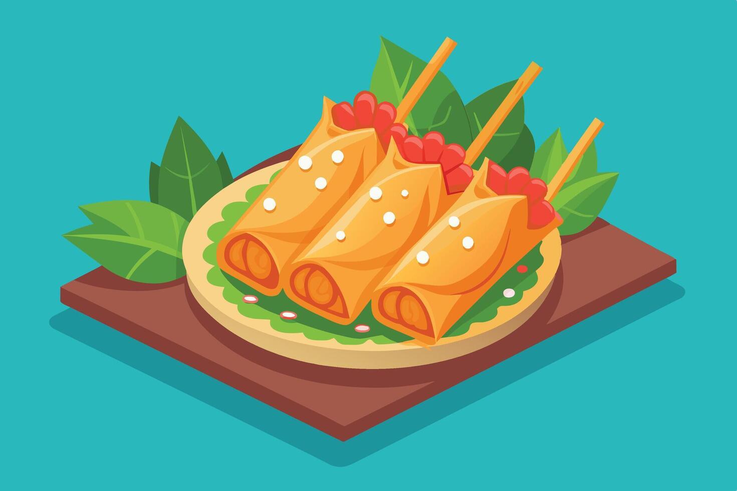 Delicious spring rolls on a platter garnished with fresh leaves and spicy sauce against a bright turquoise background vector