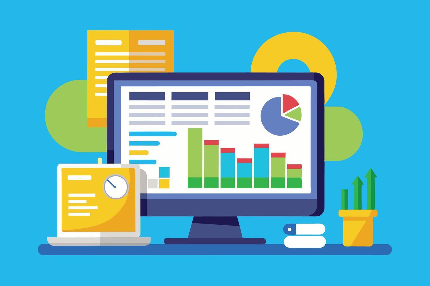 Analyzing colorful graphs and charts on a digital display with a laptop and potted plant in a bright workspace vector