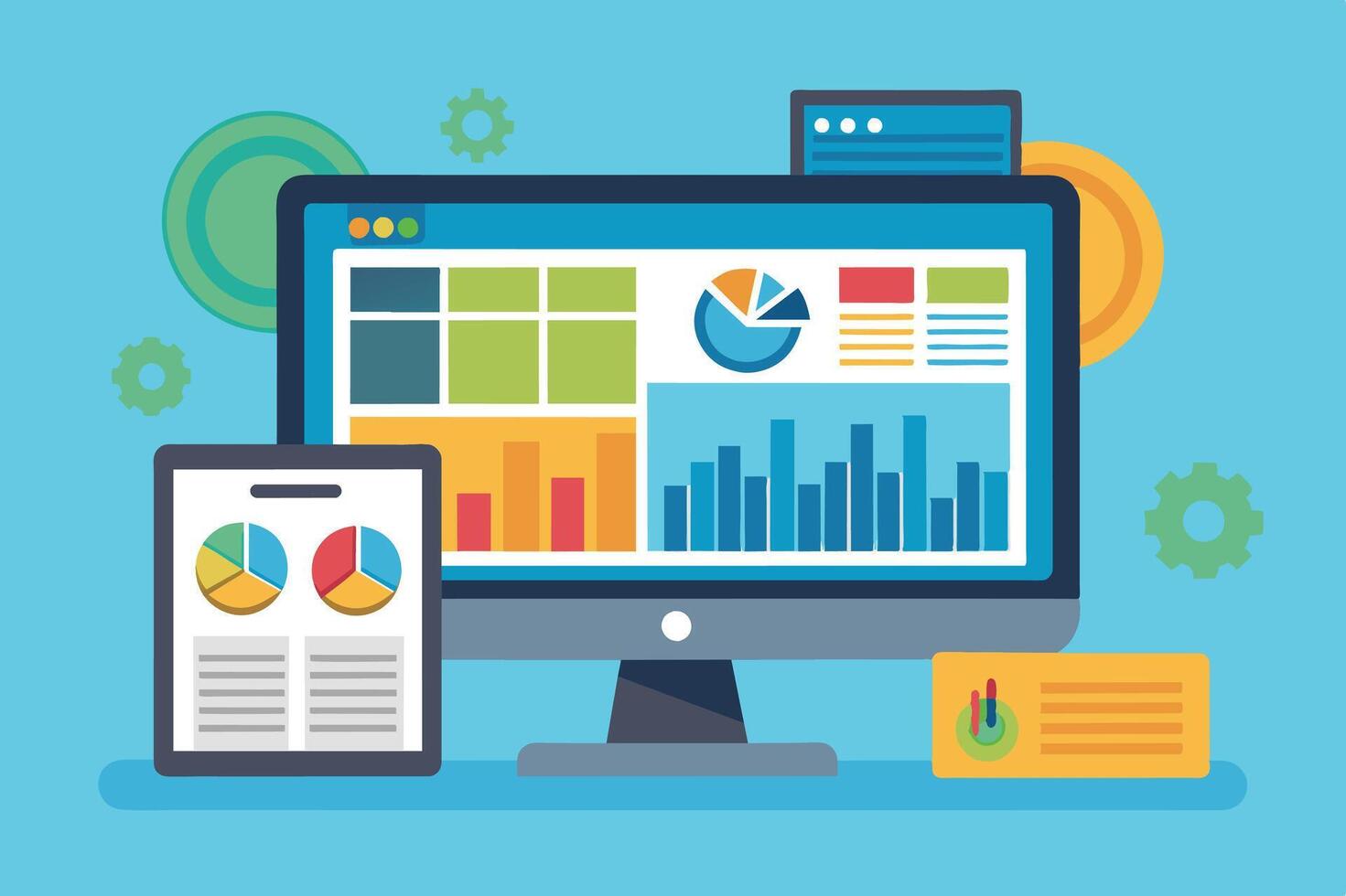 Colorful digital dashboard with charts and graphs displayed on a computer and tablet showcasing analytics and data insights vector
