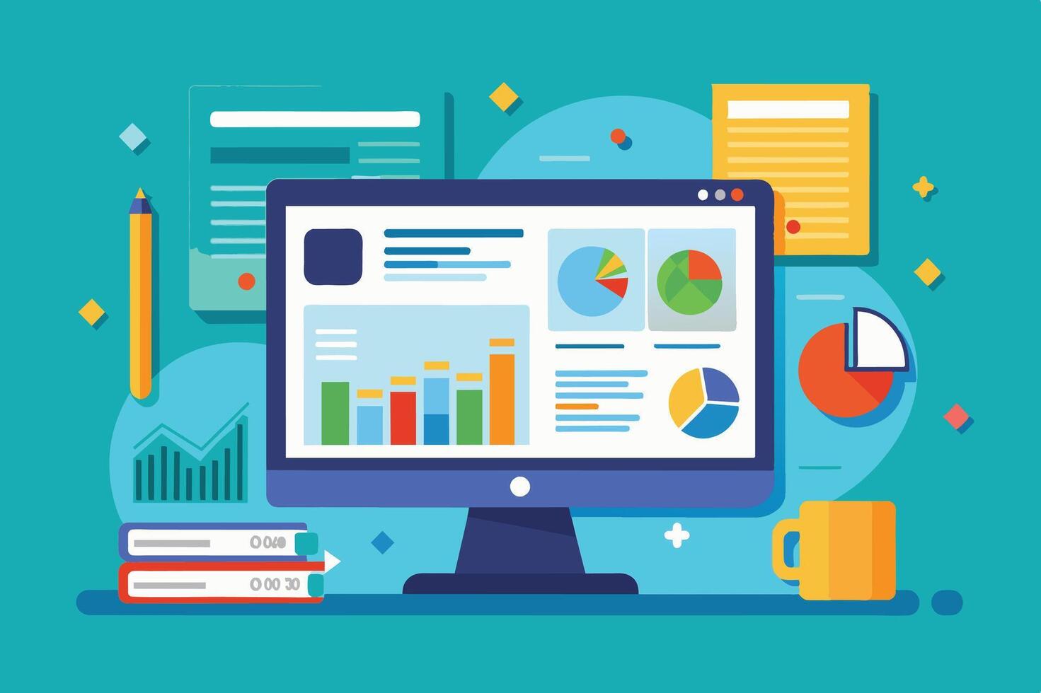 A workspace featuring a computer displaying colorful charts, graphs, and reports with stationery and books on a desk in a modern office setting vector