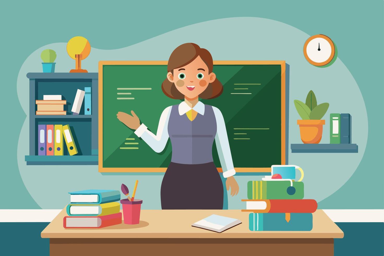 A cheerful teacher stands in a bright classroom filled with books and plants, prepared to engage students during morning lessons vector