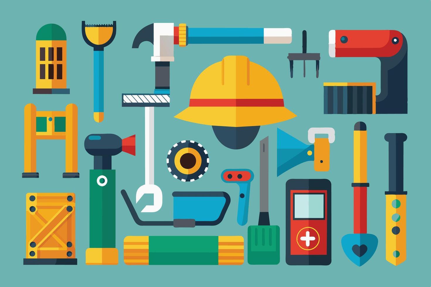 A vibrant collection of assorted construction tools arranged creatively on a teal background showcasing DIY essentials and safety gear vector