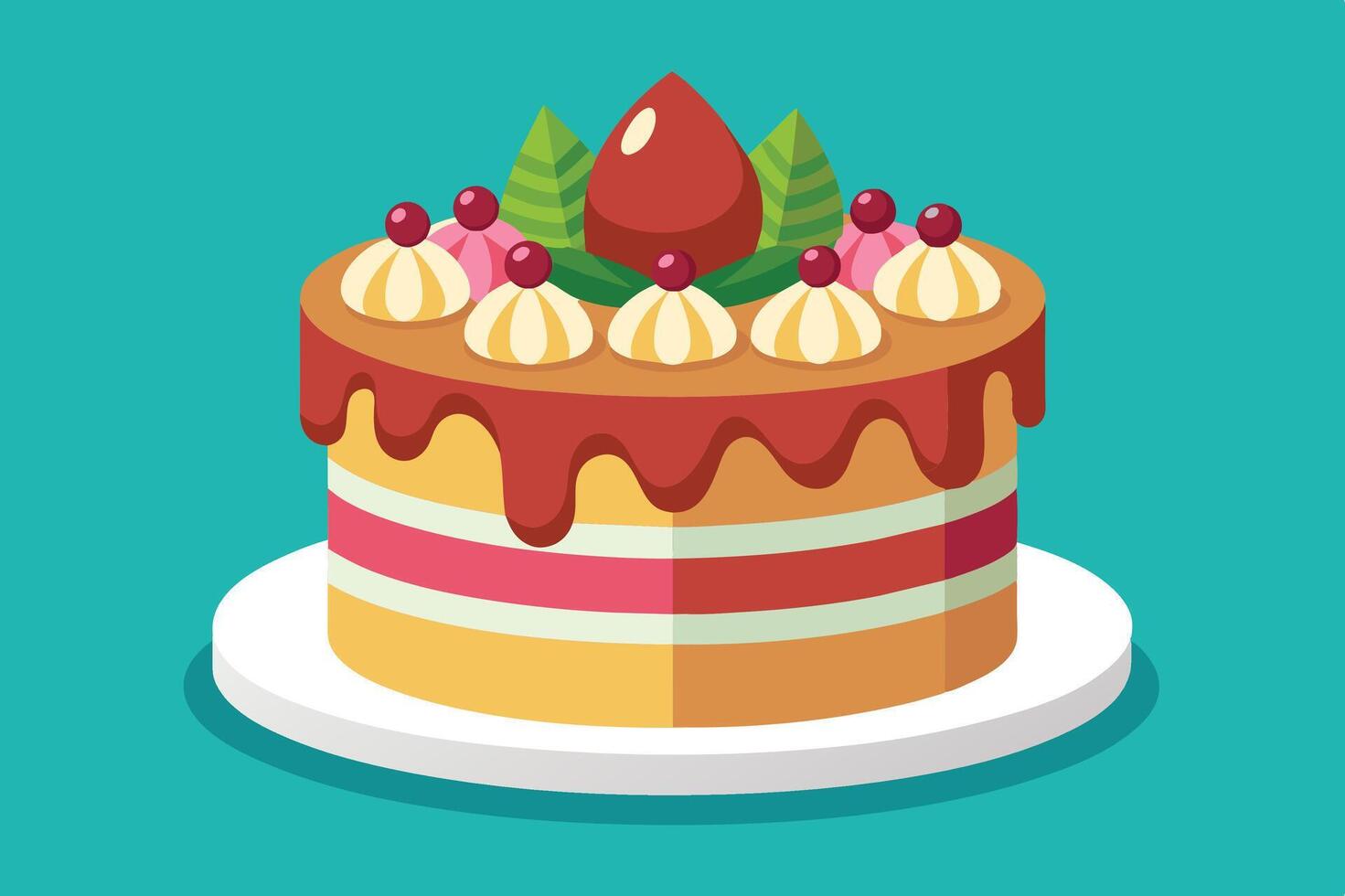 Colorful layered cake with cream and fruit decorations on a simple white plate against a vibrant turquoise background vector