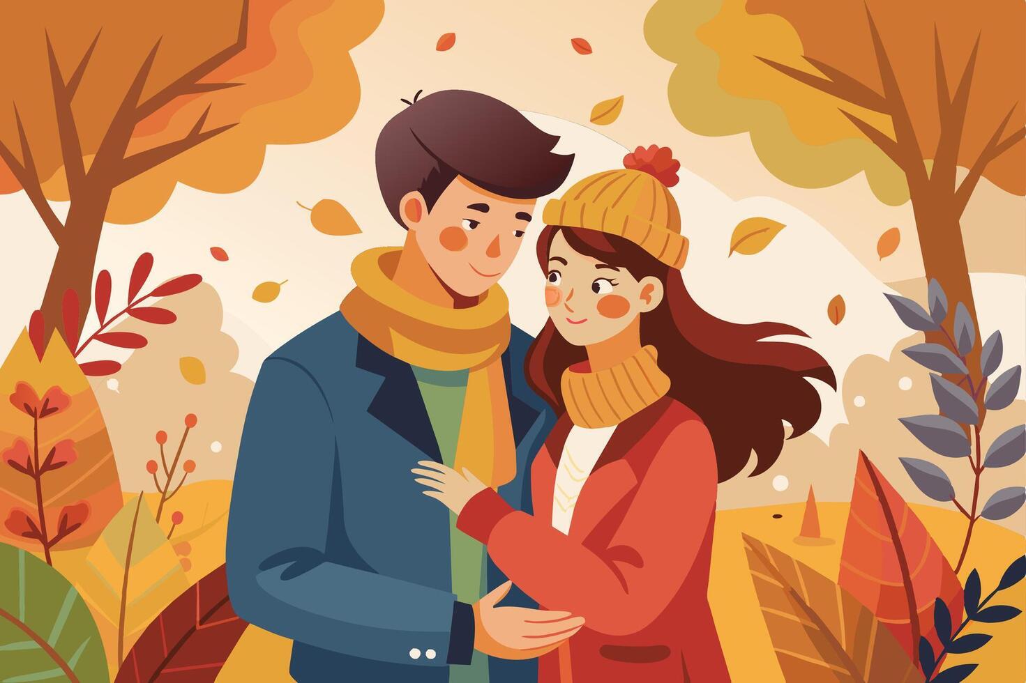 Couple embracing in a vibrant autumn landscape surrounded by colorful leaves and trees during a peaceful afternoon vector