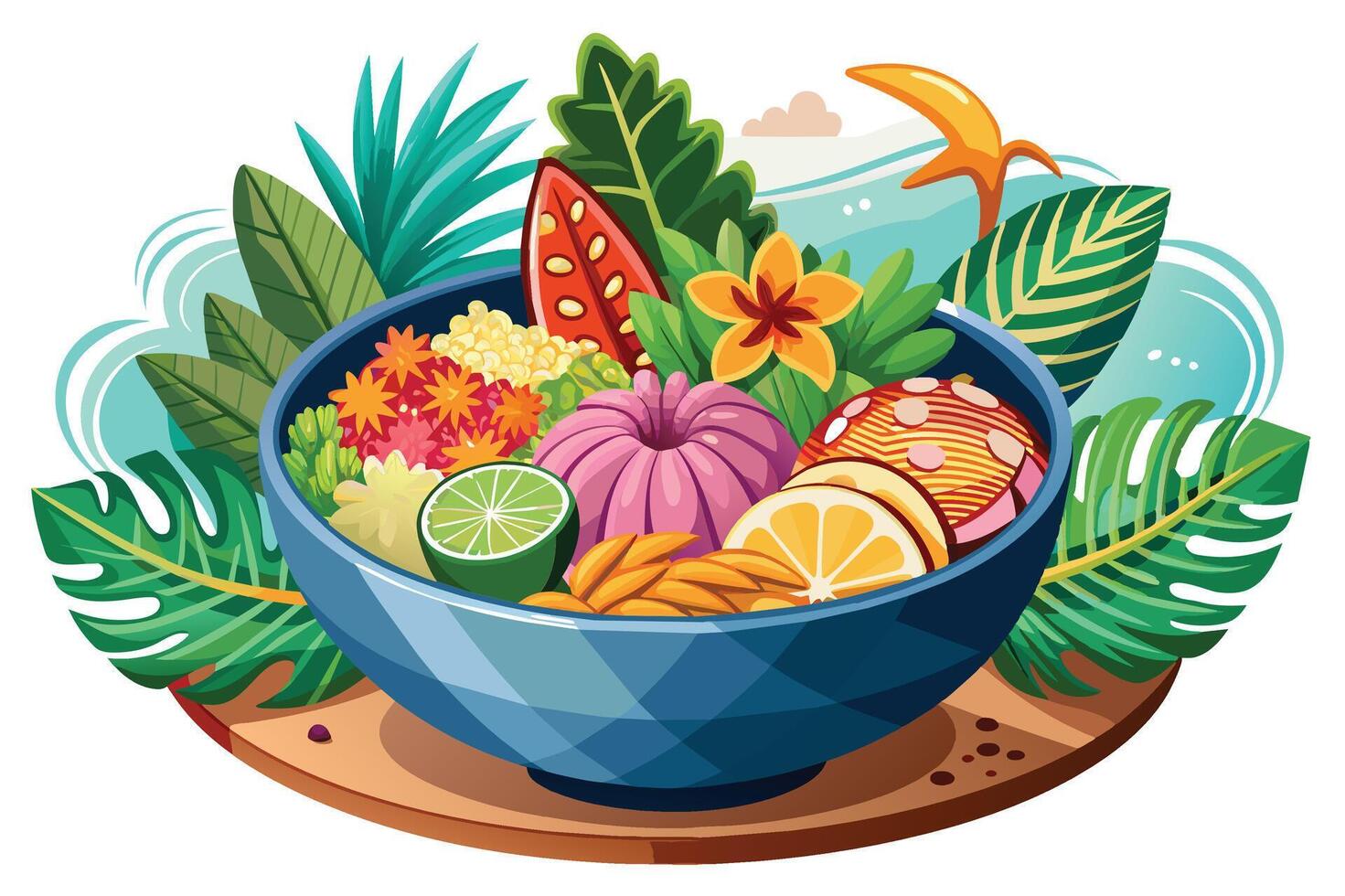 A colorful tropical fruit bowl featuring fresh and vibrant ingredients arranged beautifully on a wooden surface surrounded by foliage vector
