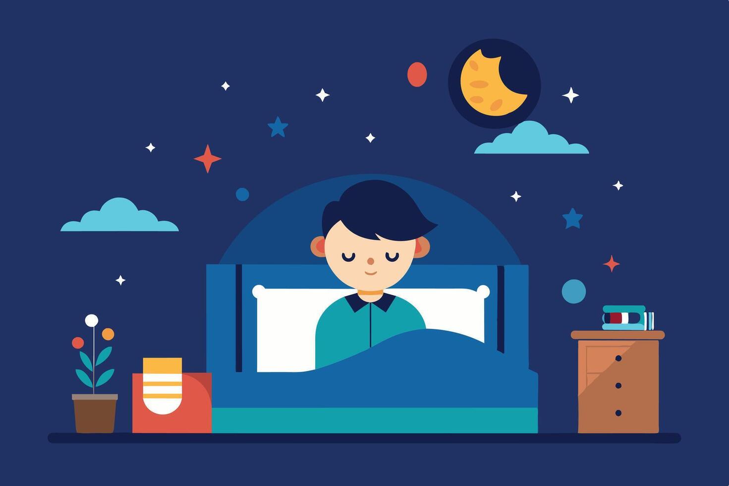A young boy peacefully sleeps in his cozy bedroom at night, surrounded by stars and a tranquil moonlit sky vector