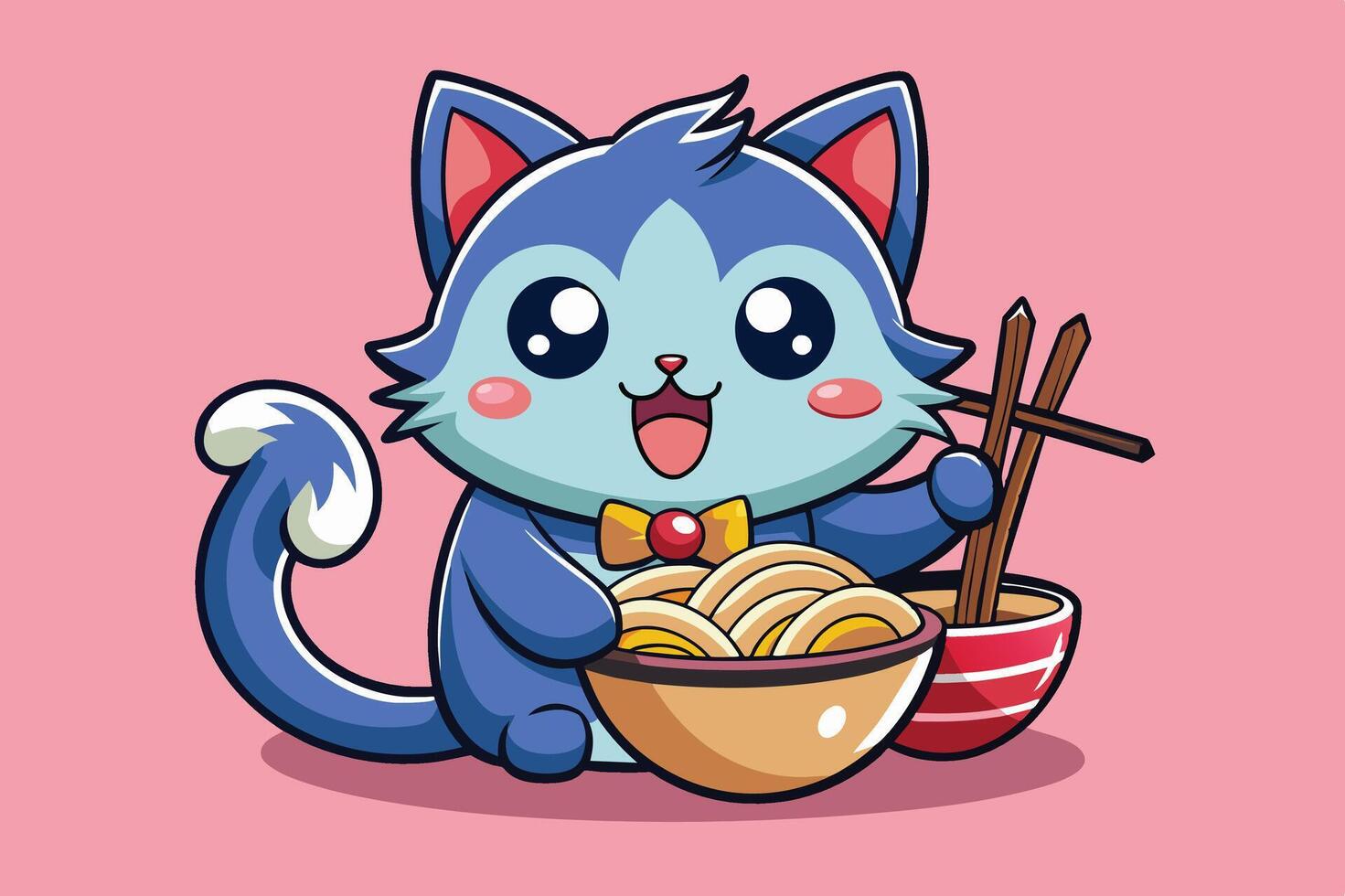 A cute cartoon cat happily eating noodles with chopsticks, set against a vibrant pink background vector
