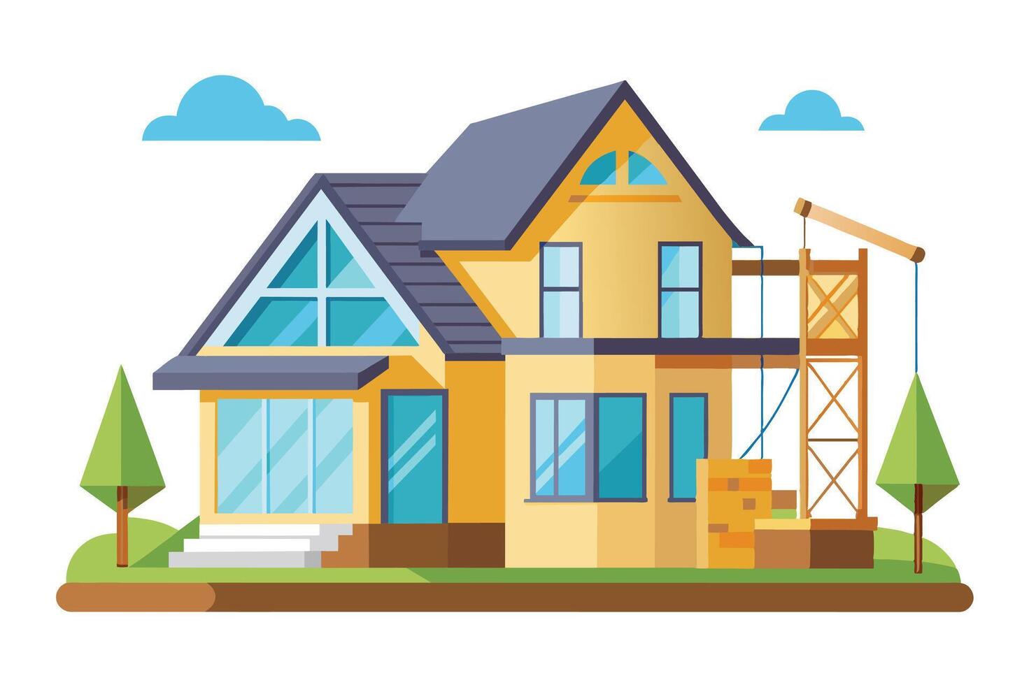 Modern residential house under construction with a yellow facade and scaffolding in a sunny environment vector