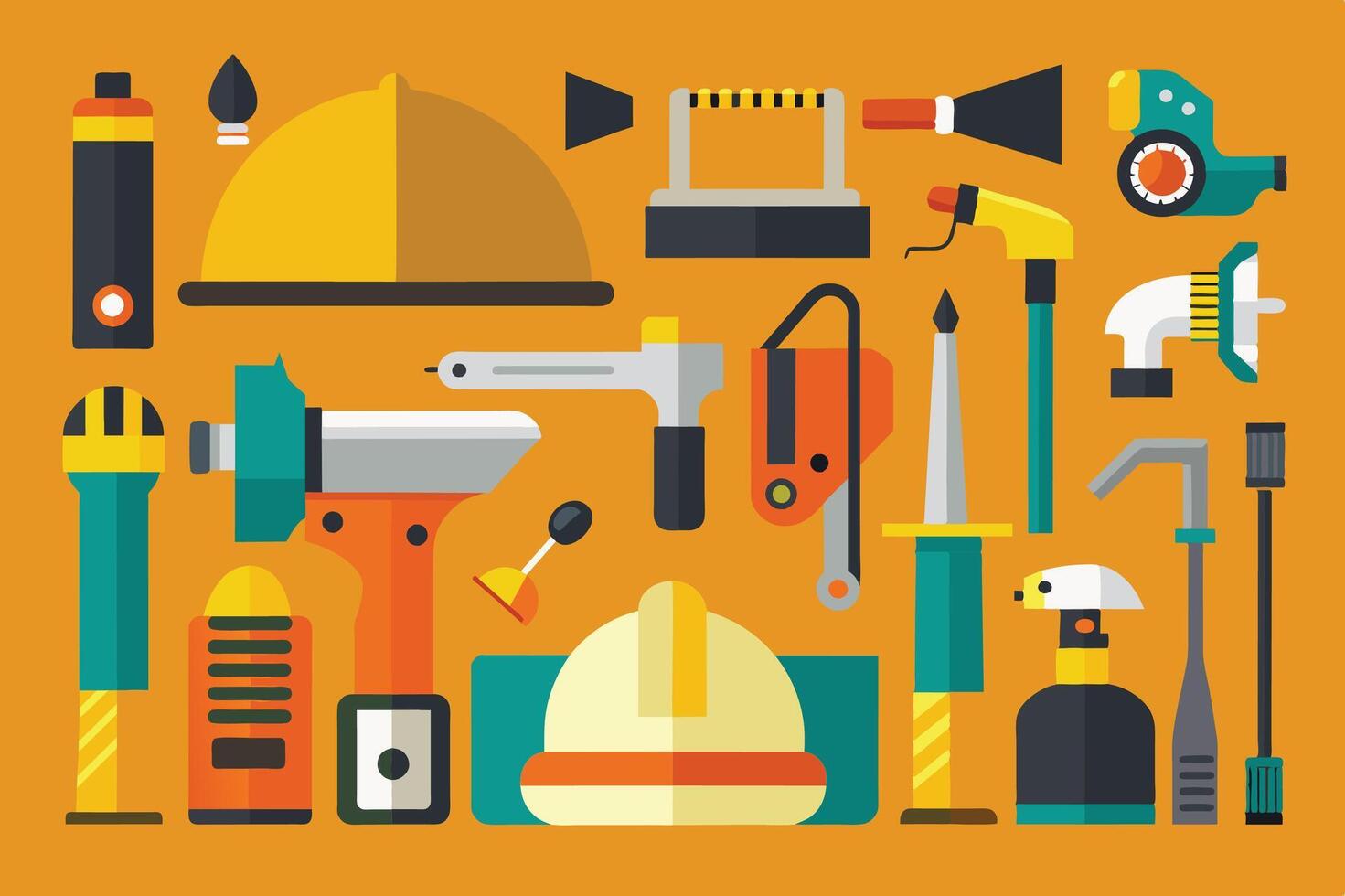 Variety of construction tools and safety gear arranged on an orange background for a creative workshop or DIY project vector