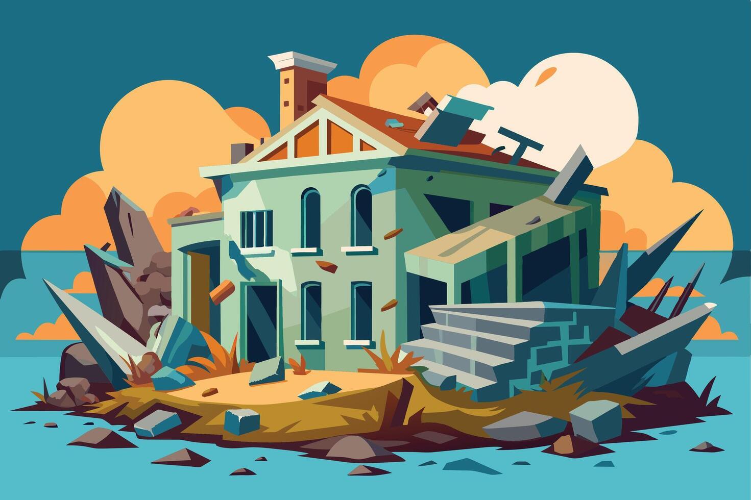 A colorful illustration of a run-down house surrounded by debris and rocks on a sunny day with dramatic clouds in the background vector
