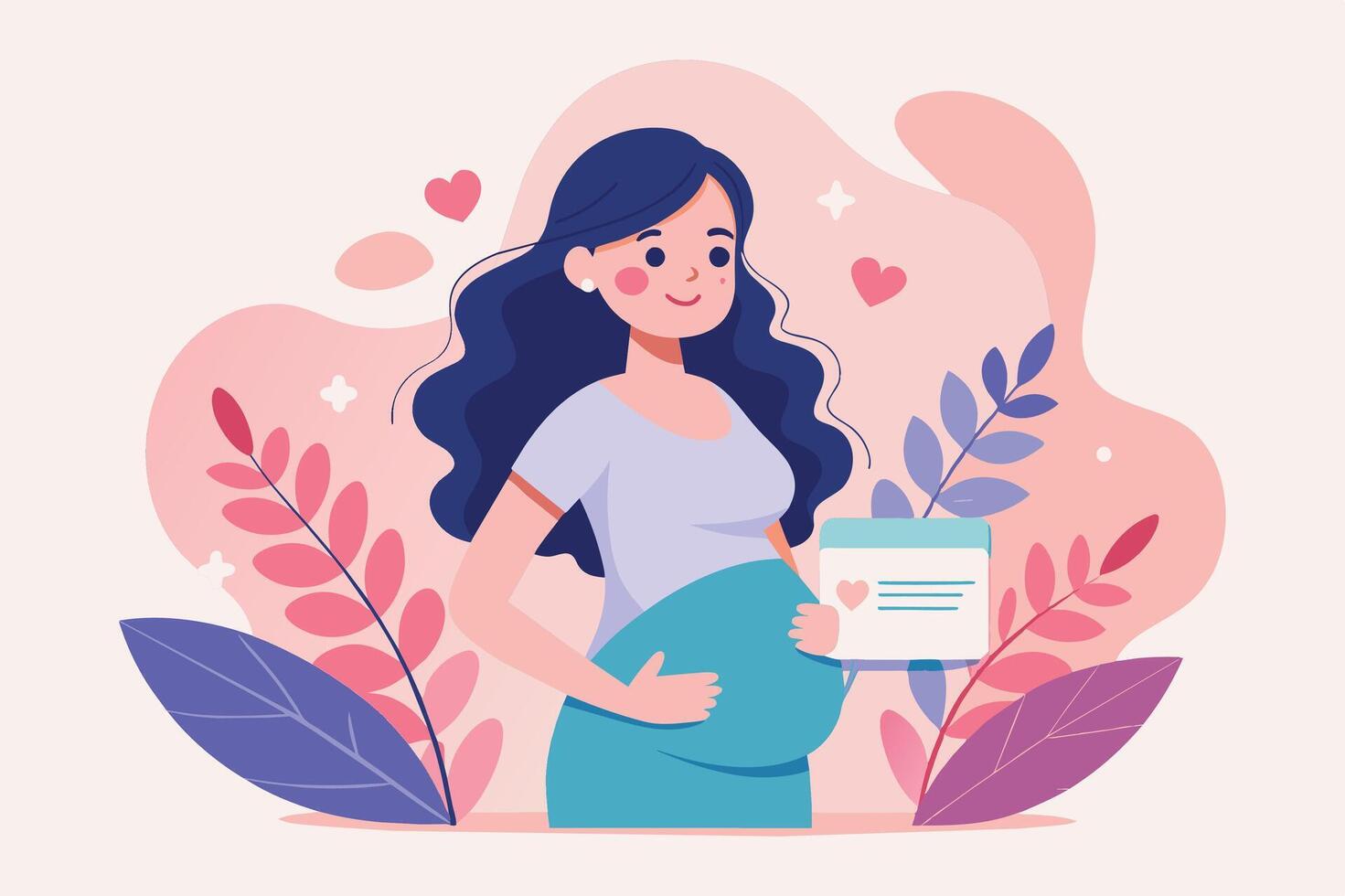 Expecting mother holding a pregnancy test with a joyful expression surrounded by colorful plants and hearts vector