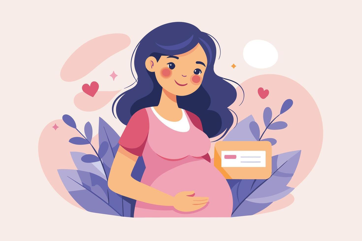 Expecting mother holds a pregnancy test in a serene setting surrounded by hearts and plants, celebrating new beginnings vector