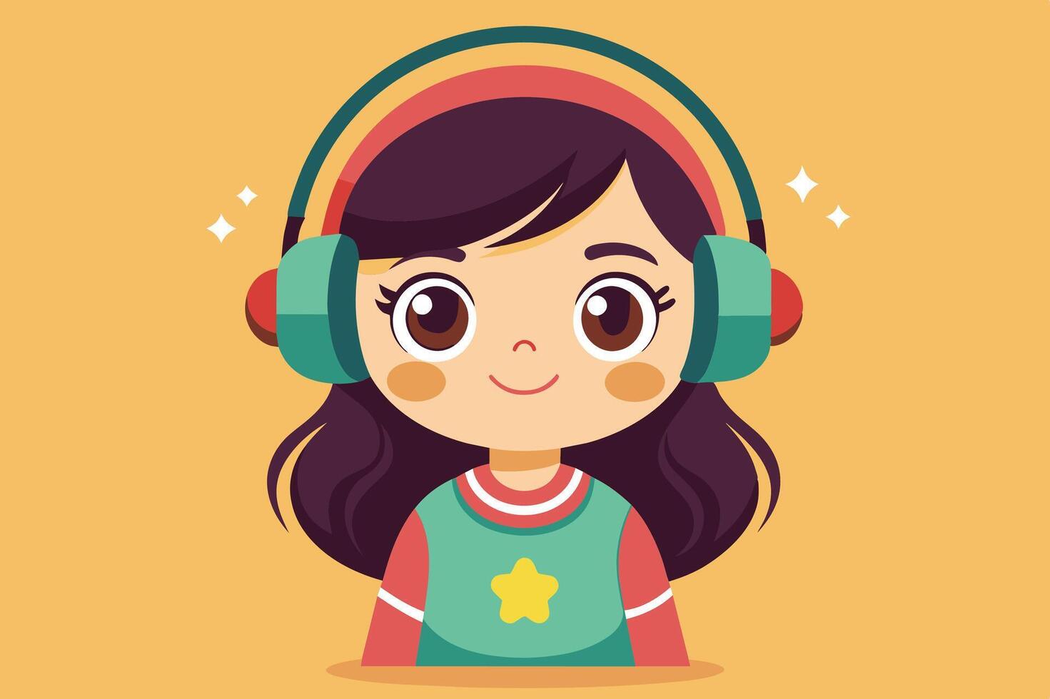 A cheerful young girl with headphones enjoying music in a colorful, cartoonish style against a bright orange background vector