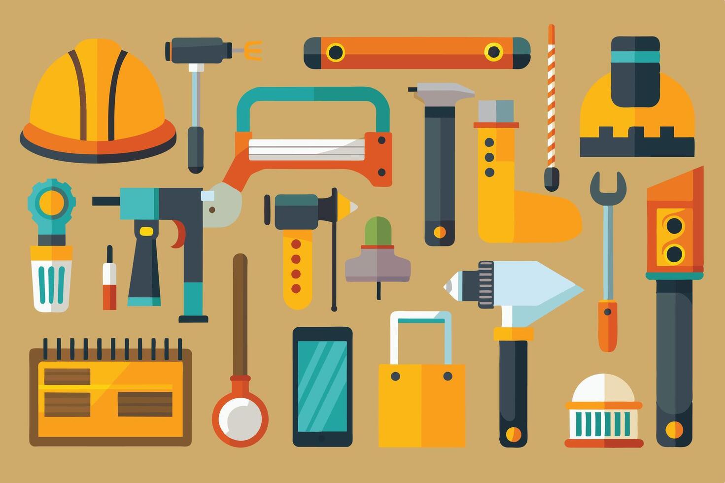 Collection of construction tools and safety equipment on a neutral background, showcasing various items related to building and repair tasks vector