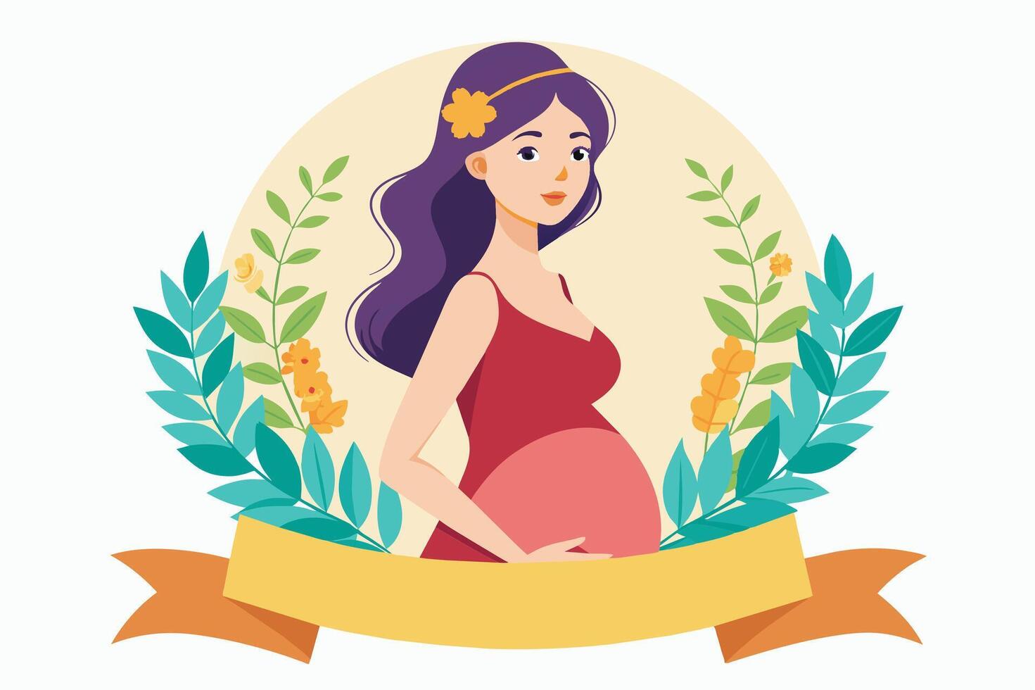 Pregnant woman in a red dress surrounded by greenery and flowers celebrating motherhood in a warm, inviting atmosphere vector