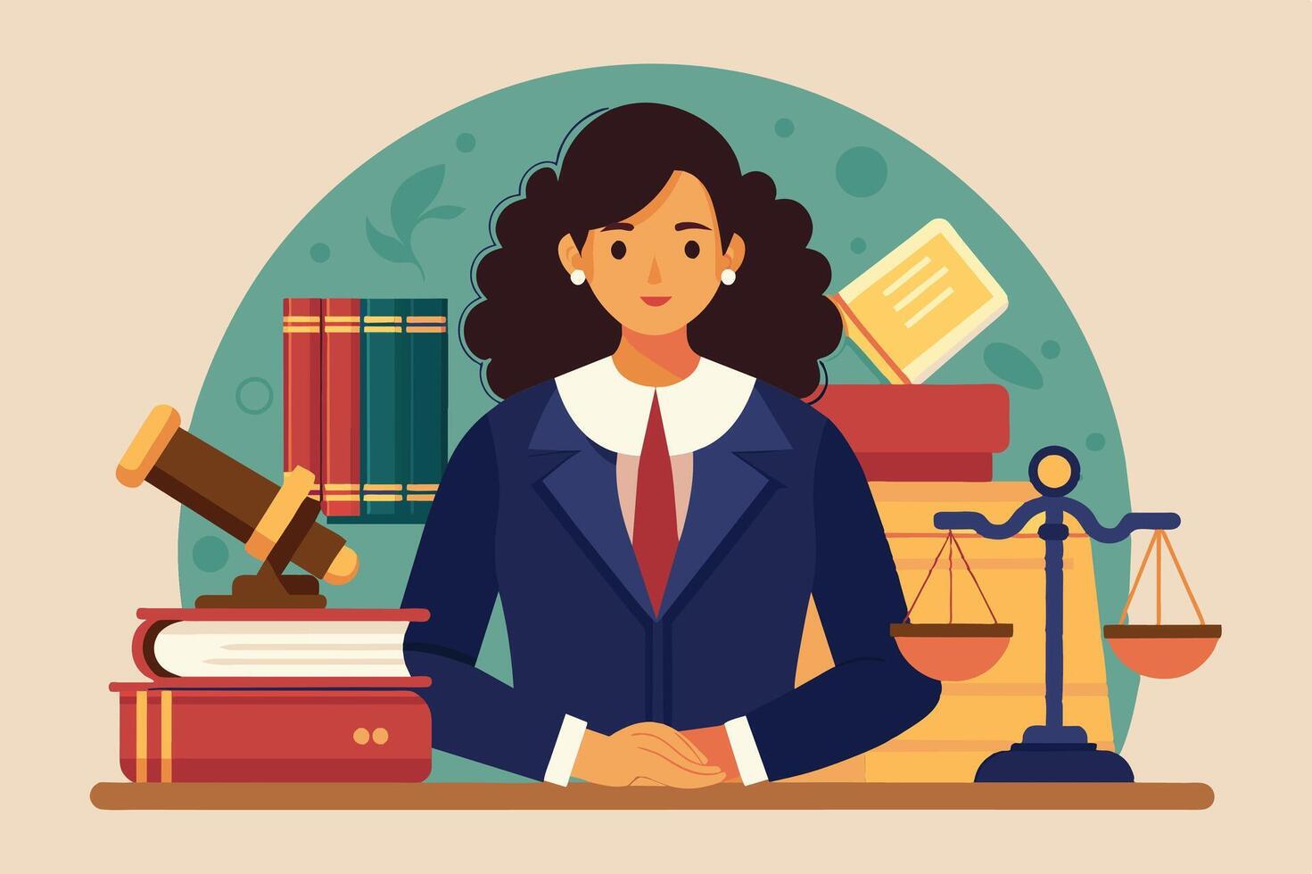 A female lawyer in a professional outfit sitting confidently at her desk surrounded by legal books, a gavel, and a scale of justice vector