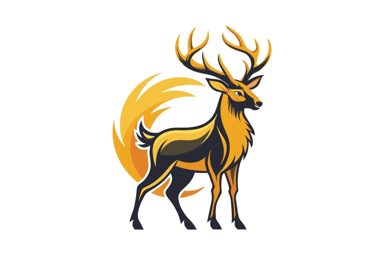 Stylized illustration of a golden stag with antlers set against a dynamic background, showcasing artistic design elements and vibrant color contrasts vector
