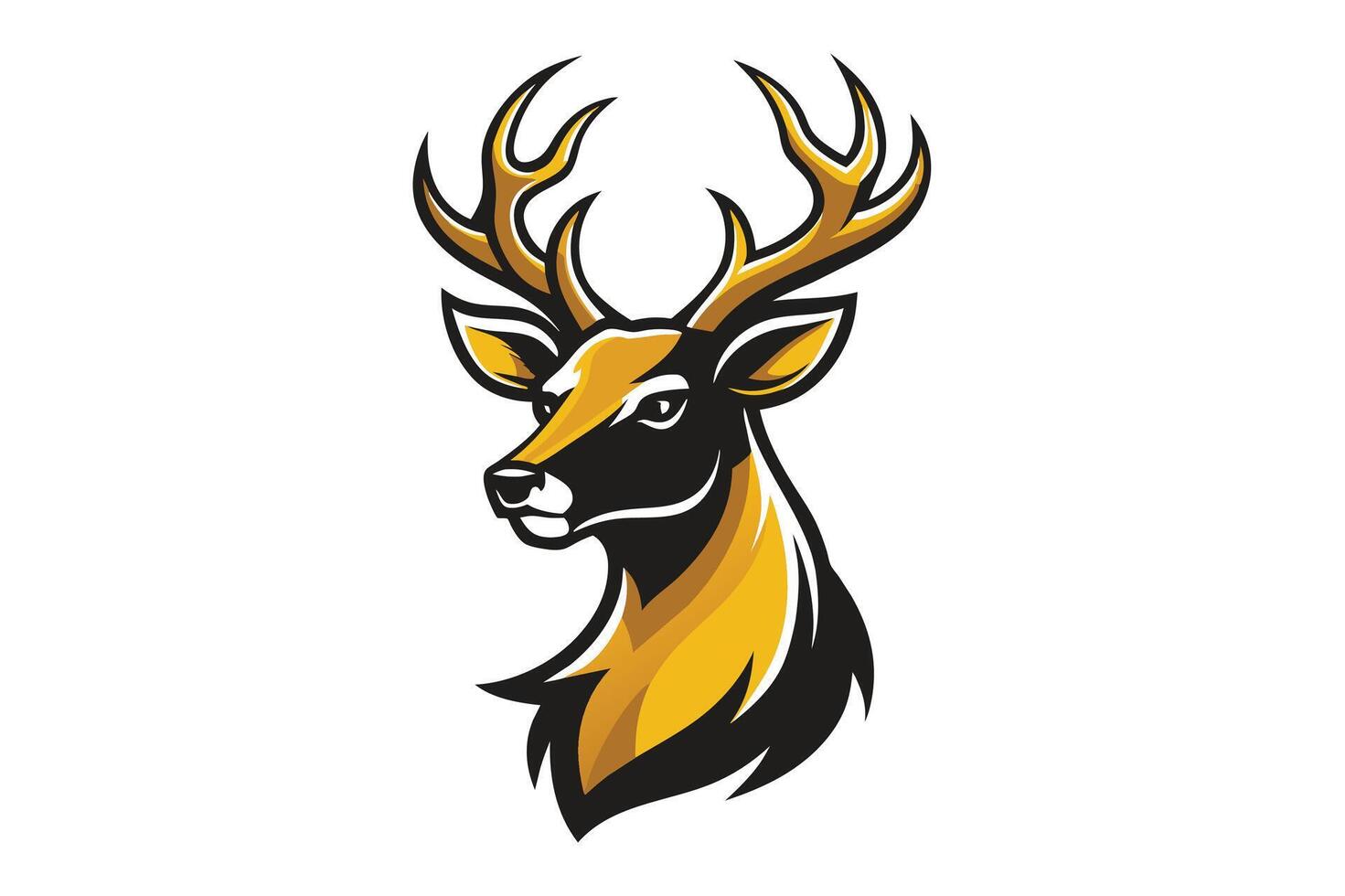 Stylized illustration of a golden antlered deer with a fierce expression on a white background, showcasing wildlife artistry and design vector