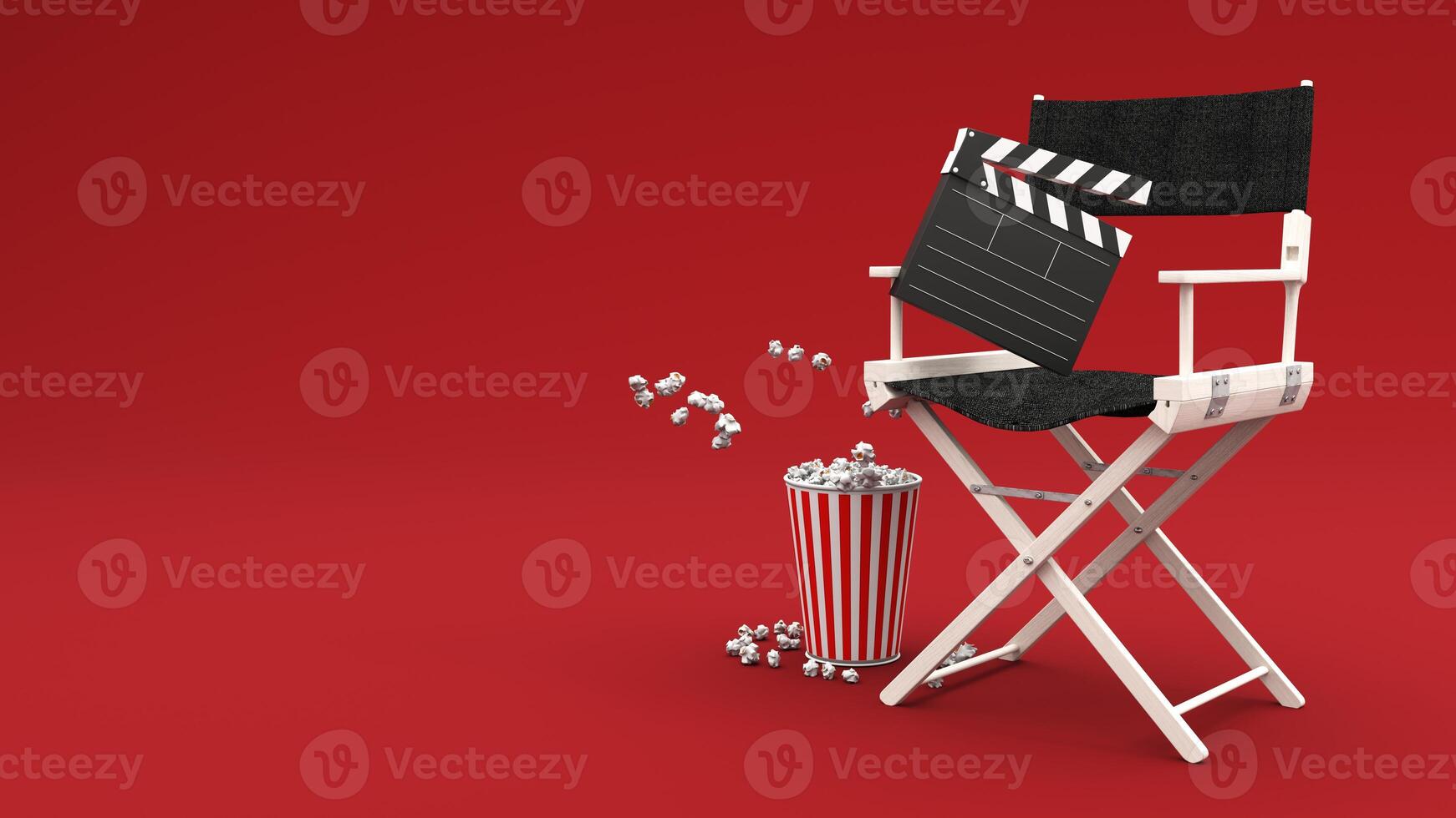Watching entertainment online media, Director's chair, 3d render. Popcorn bucket, clapperboard, film reel and reel, 3D glasses and movie tickets. Poster for cinema advertising. photo