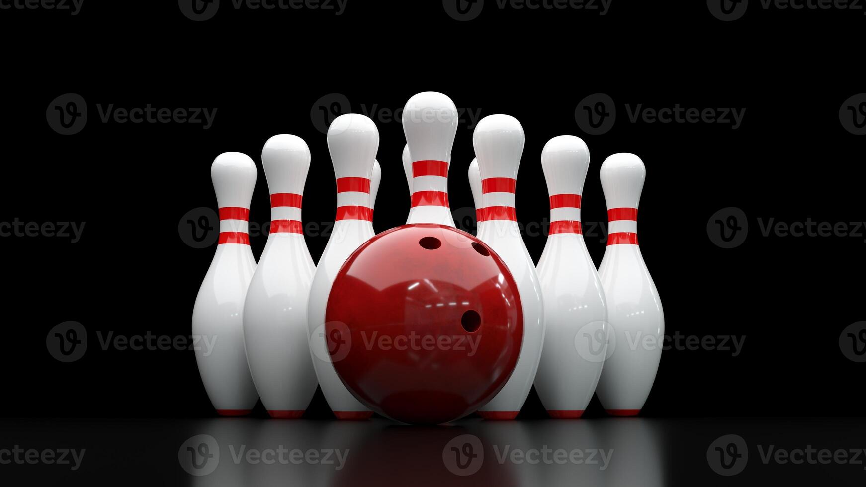3d render of bowling ball and skittle on dark black background with empty space. Lost strike. Minimal sports game concept. Background for advertising holidays with friends in a bowling club. photo