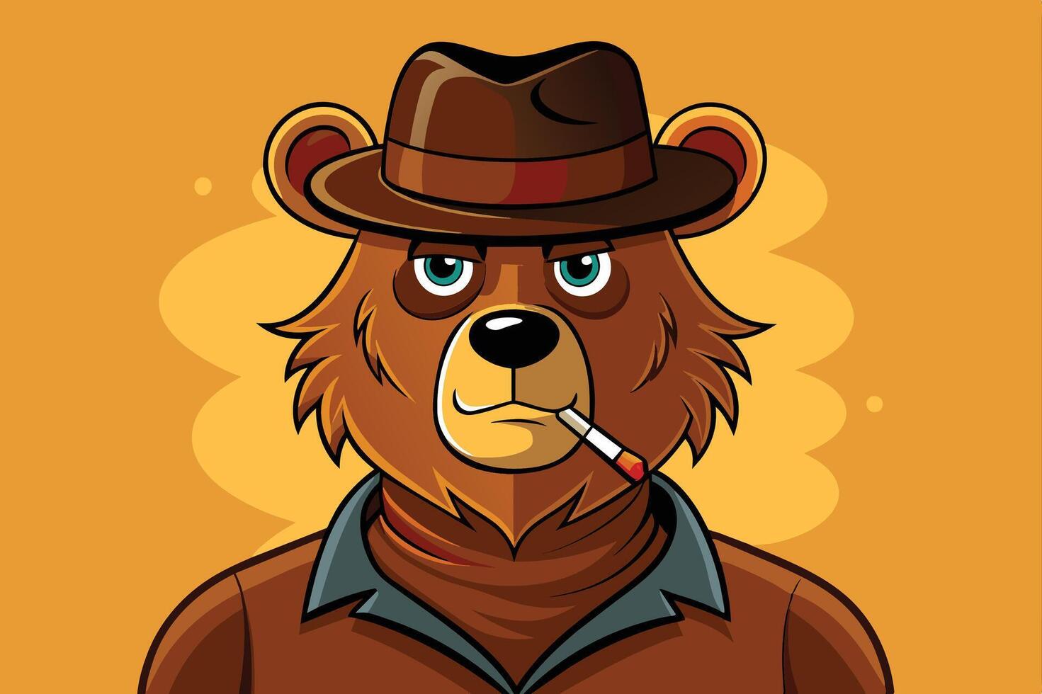 un elegante oso personaje vistiendo un fedora sombrero y de fumar, conjunto en contra un calentar naranja antecedentes con juguetón detalles destacando sus personalidad vector